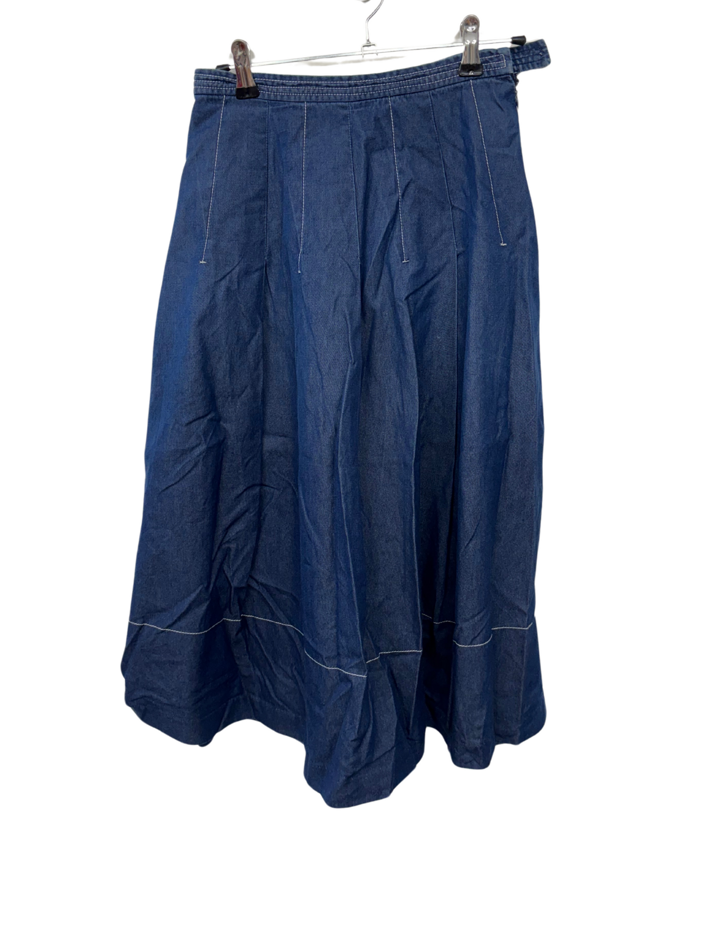 Dark Blue Chambray Denim Pleated Midi Skirt
