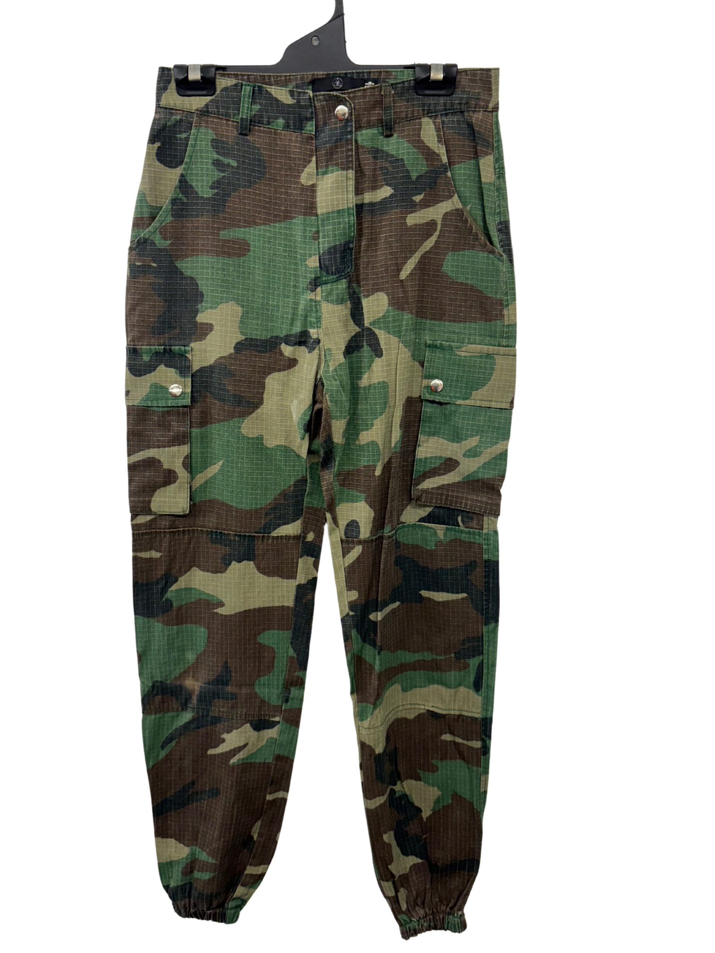 Green & Brown Camo Print Mid Rise Cargo Pants with Ankle Elastic