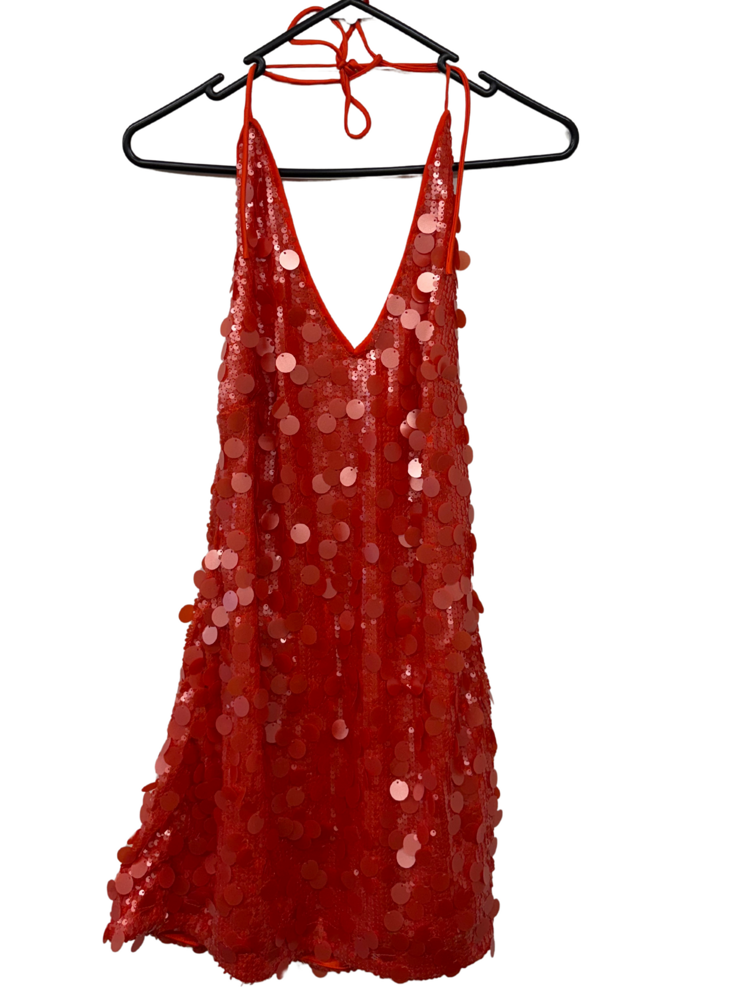 Orange Halter Neck Low Back Short Dress with Sequins