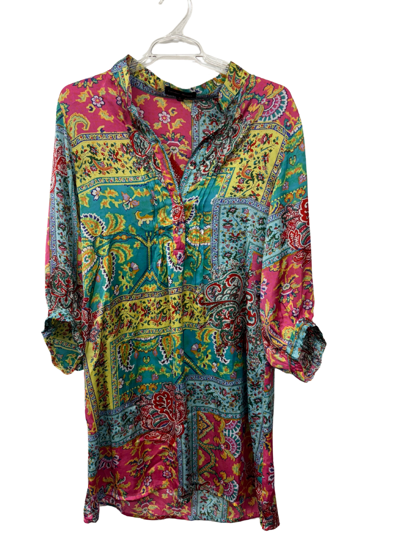 Pink, Blue, Yellow Print Half Button Long Sleeve Dress