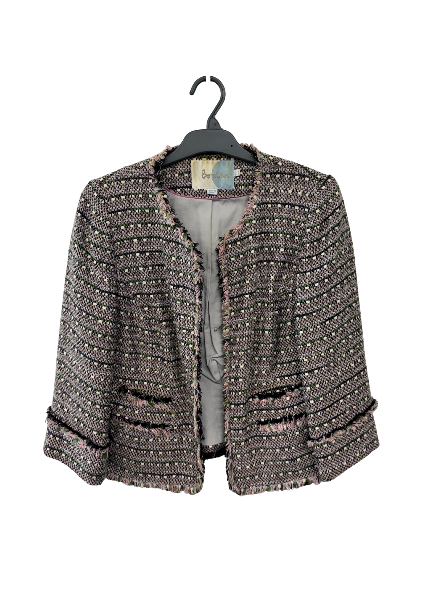 Pink, White, Green Tweed Collarless Jacket
