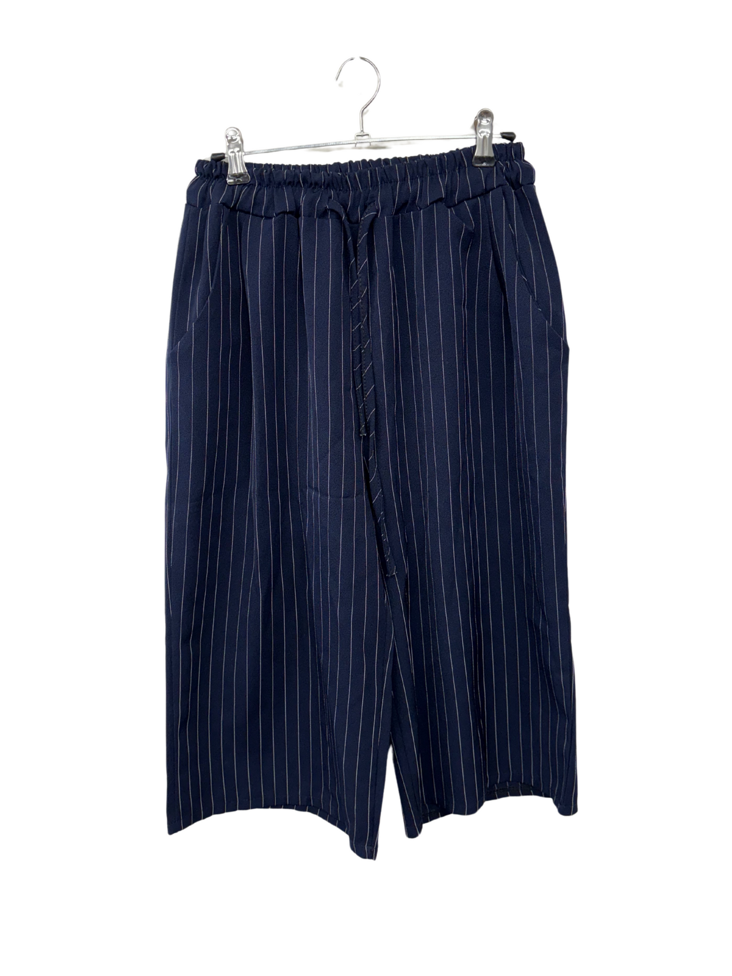 Dark Blue & White Pinstripe Wide Leg Capri Pants