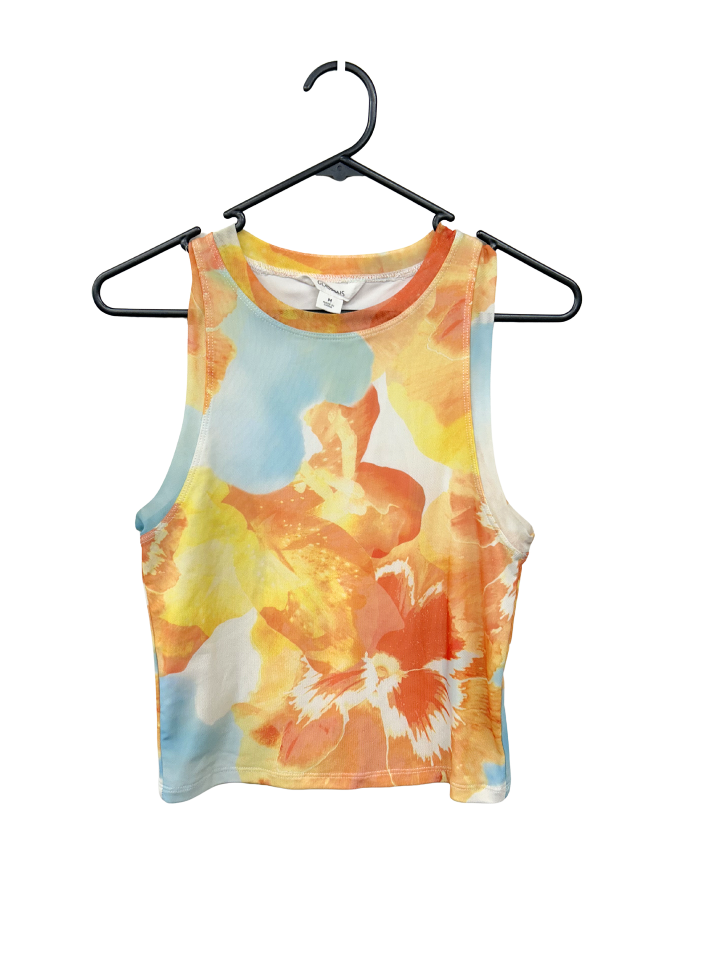 Orange, Blue & Yellow Sleeveless Mesh Floral Crop Top