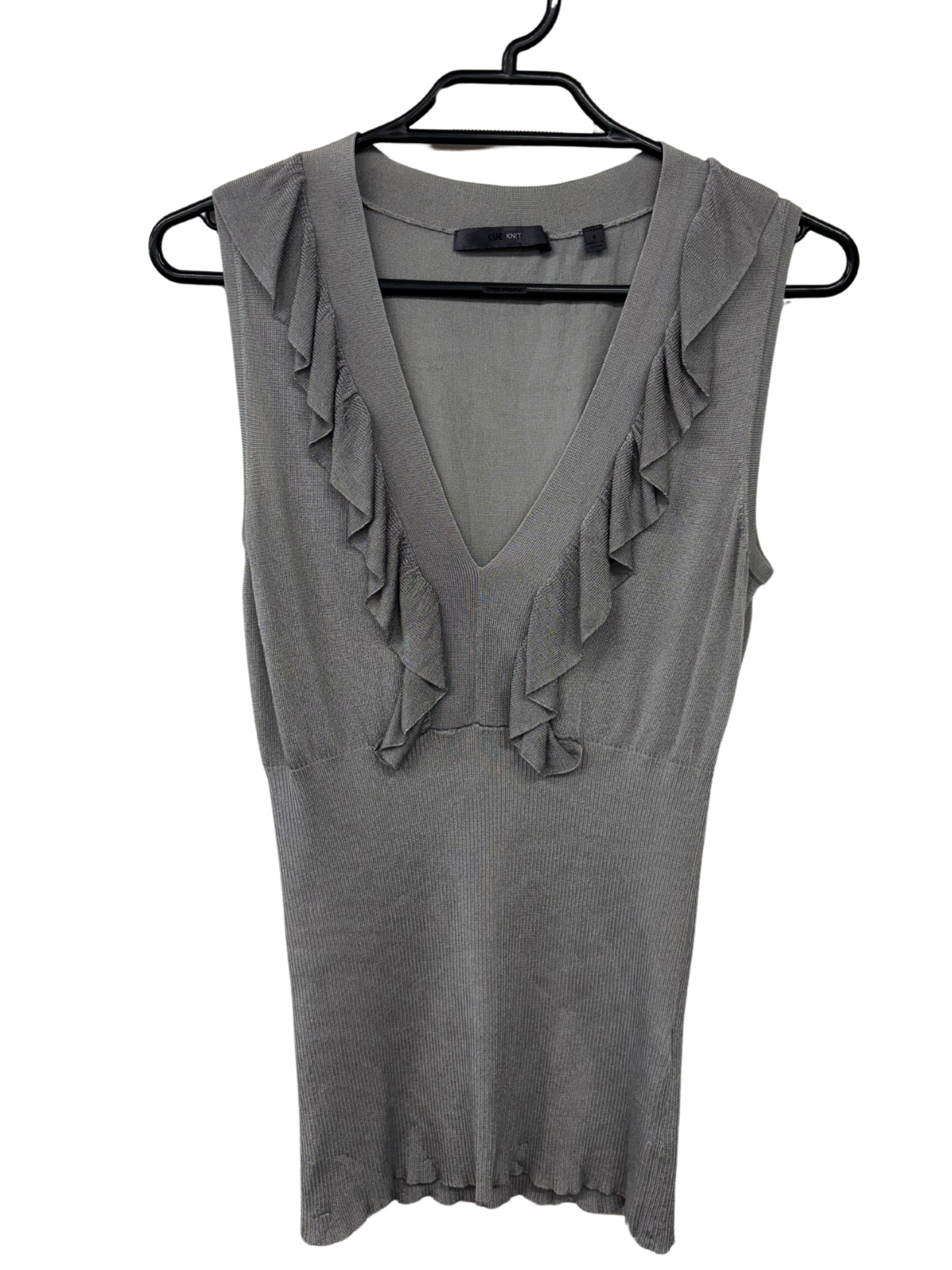 Grey Sleeveless Top with Ruffles & Ribbing