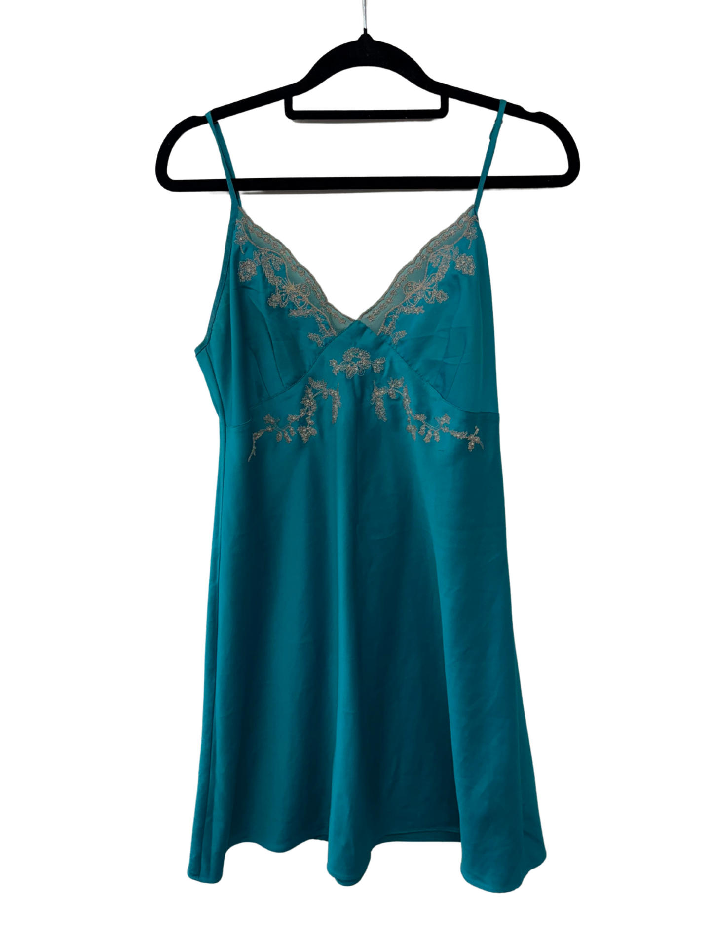 Vintage Teal Slip Night Dress with Cream Embroidery