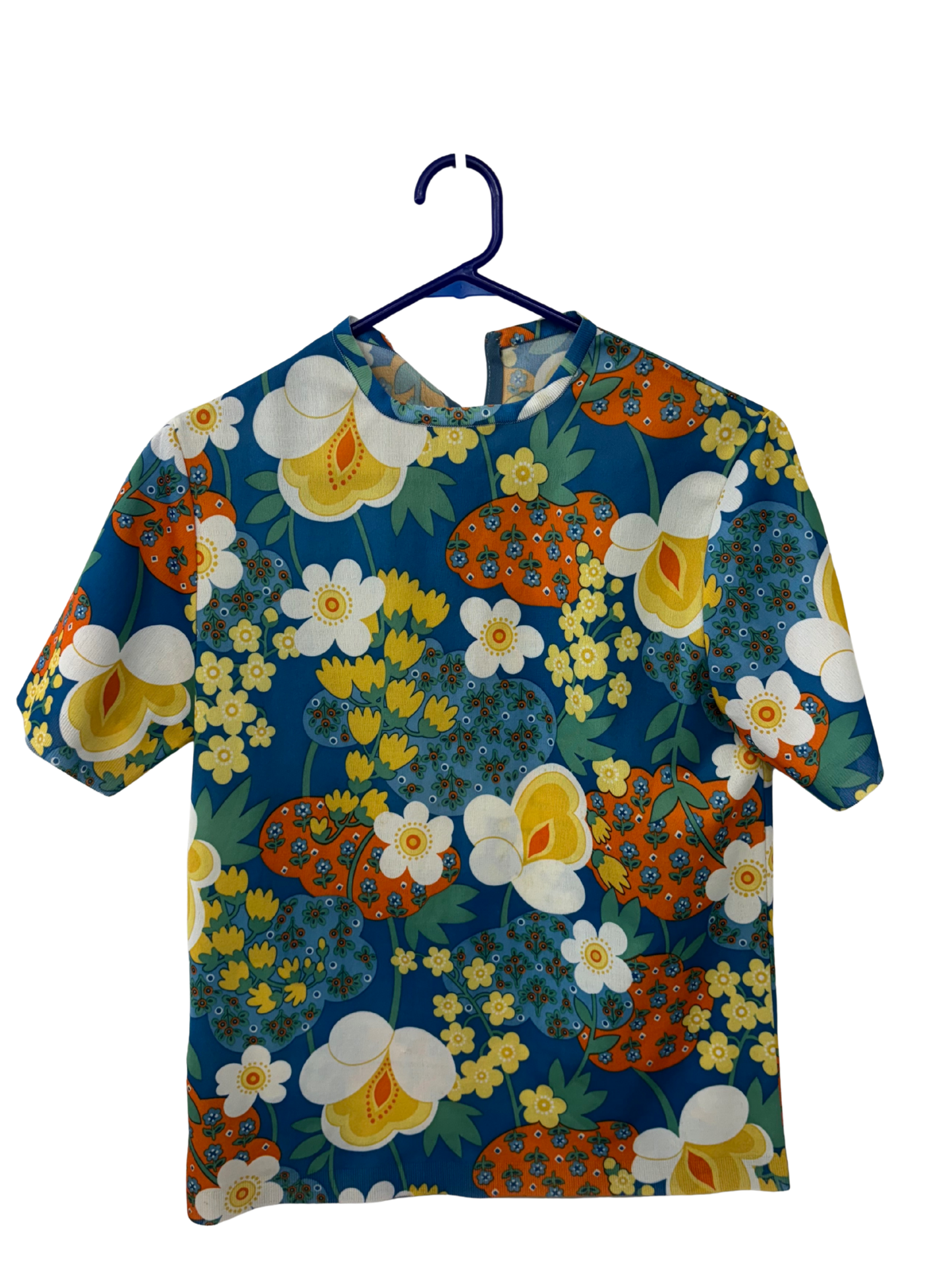 Vintage Blue, White, Yellow, Orange Floral Print Top