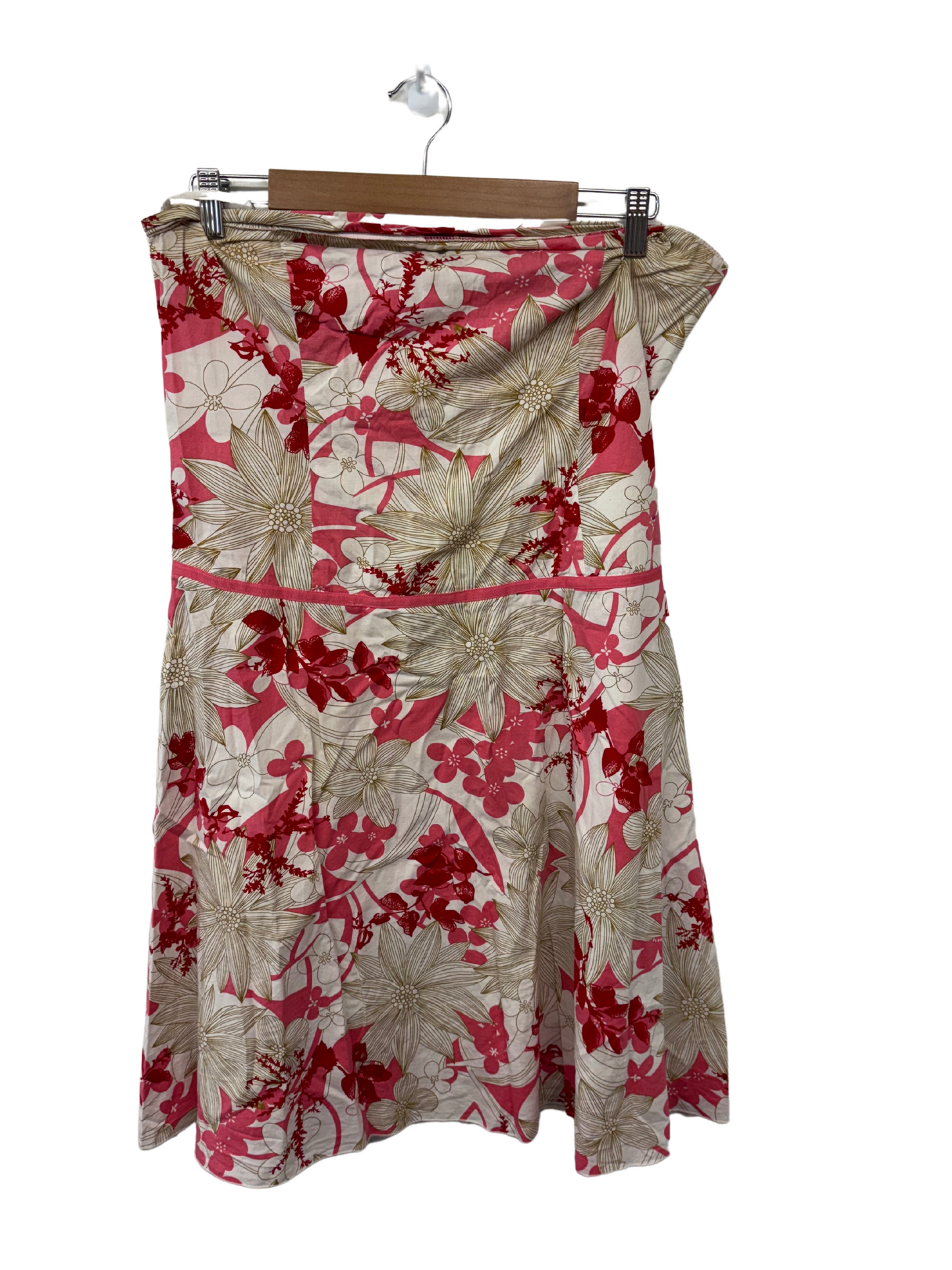 00s Cream, Pink, Red Floral Print Strapless Dress