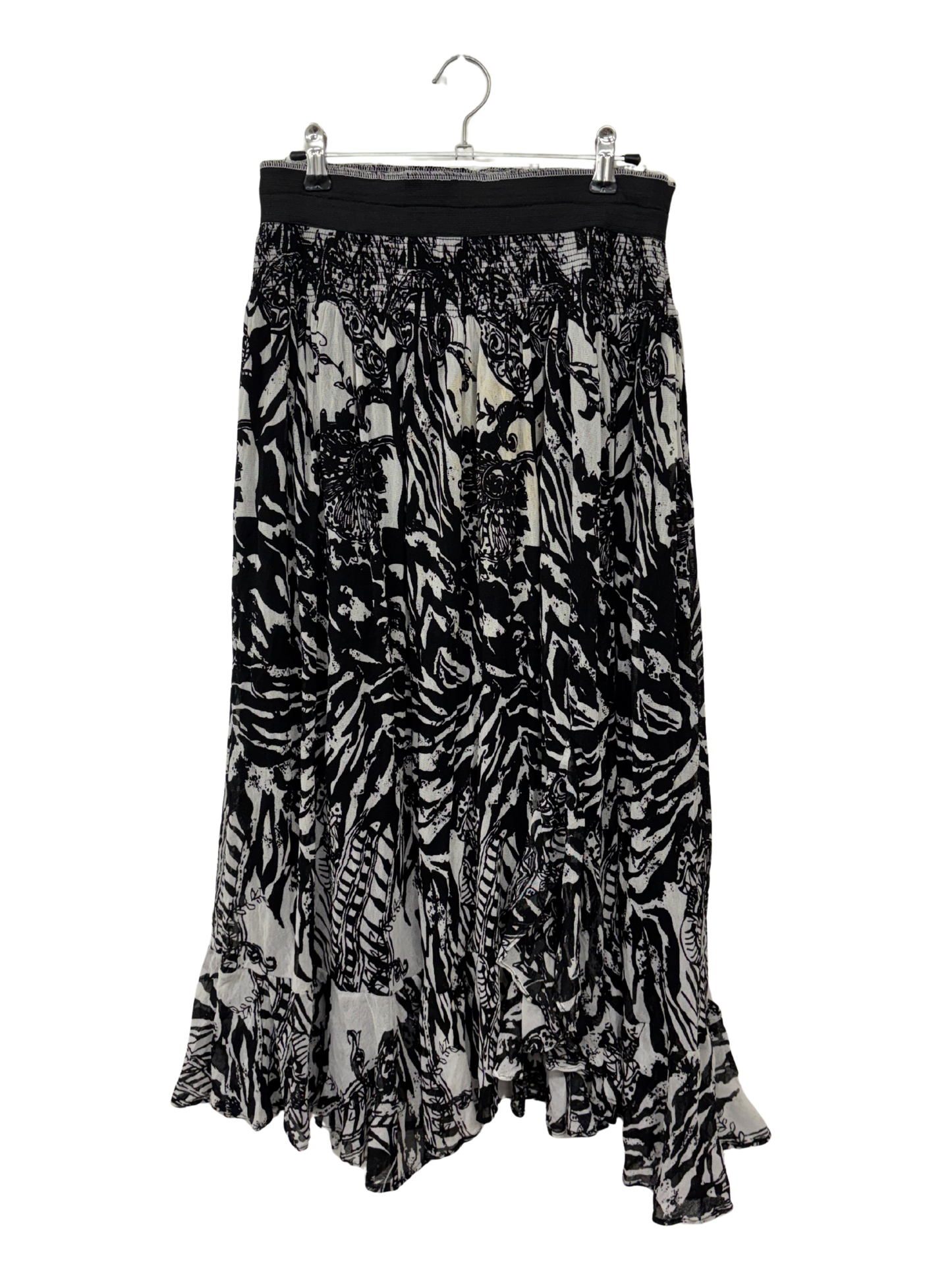 Vintage Black & White Mesh Pattern Midi Skirt with Elastic Overlocked Waist