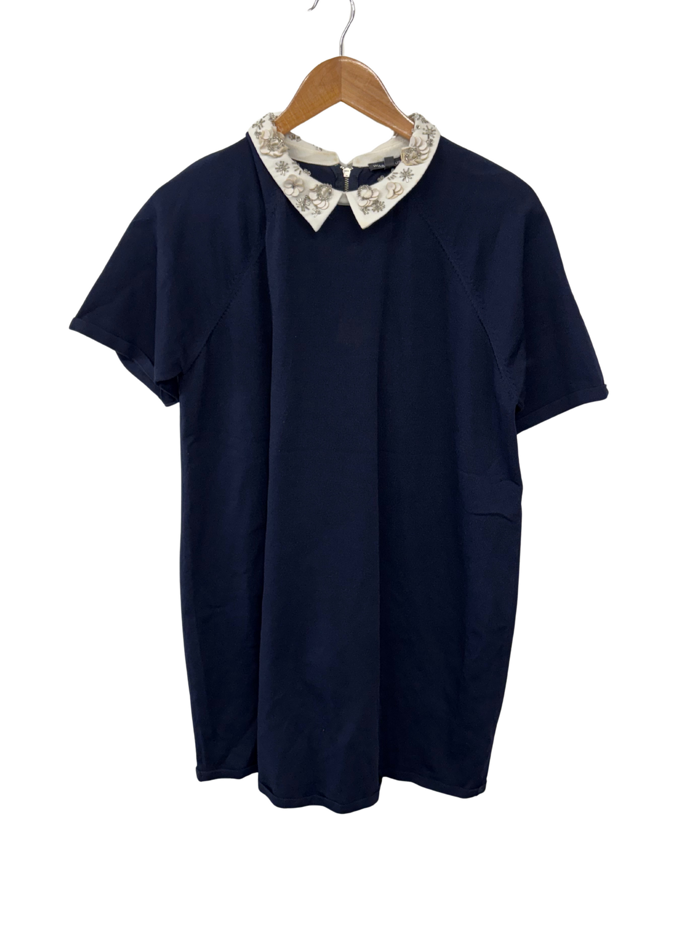 Dark Blue Knit Short Sleeve Dress with White Embellished Collar