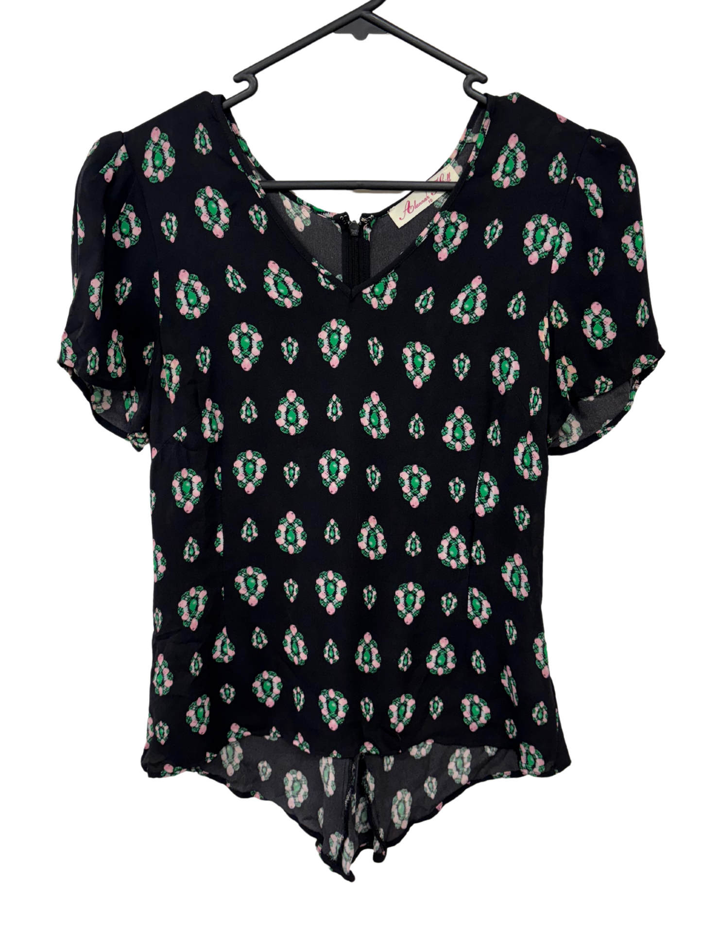 Black, Pink & Green Print Short Sleeve V Neck Top