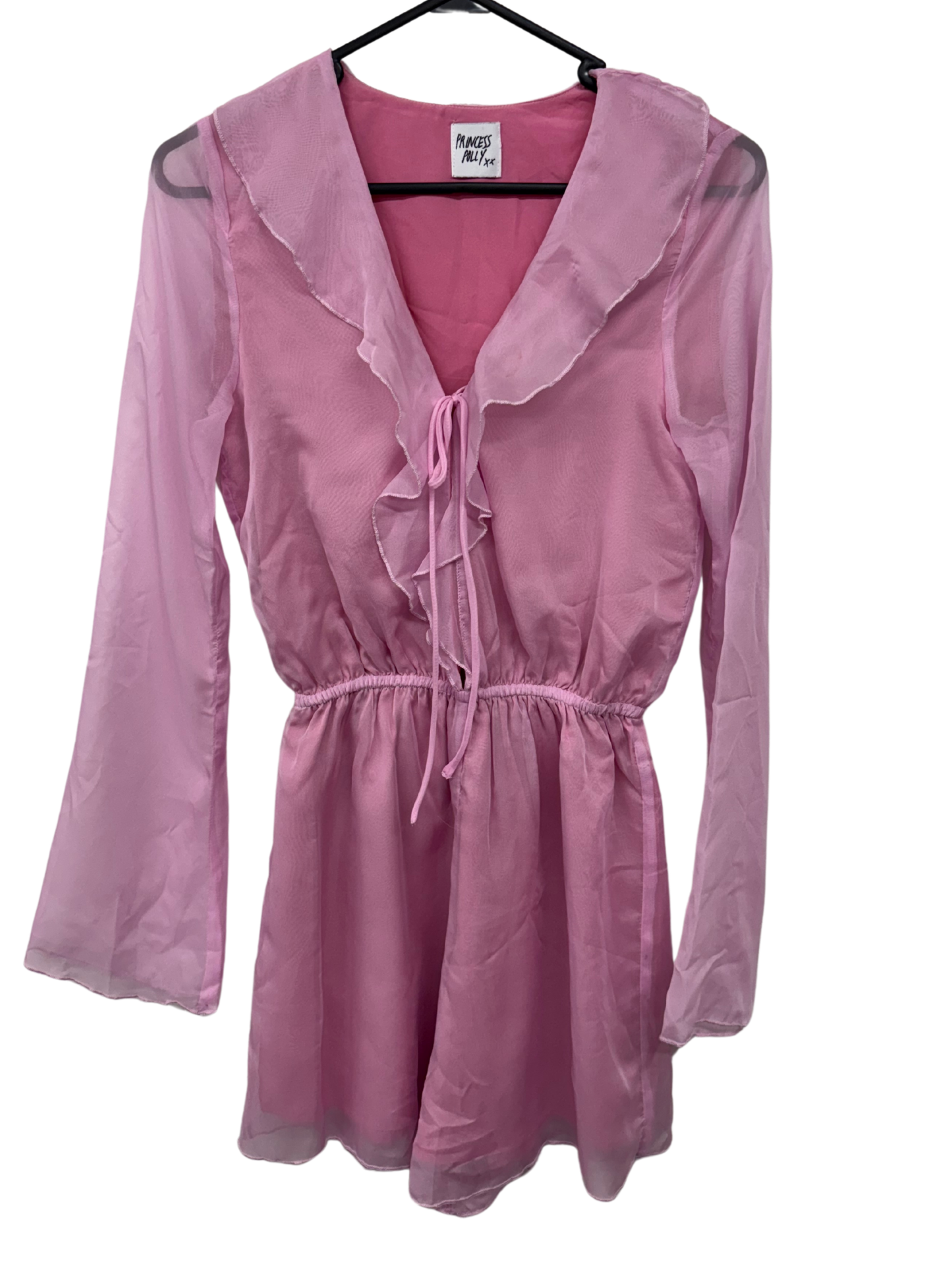 Pink Sheer Long Sleeve Playsuit with Tie Top
