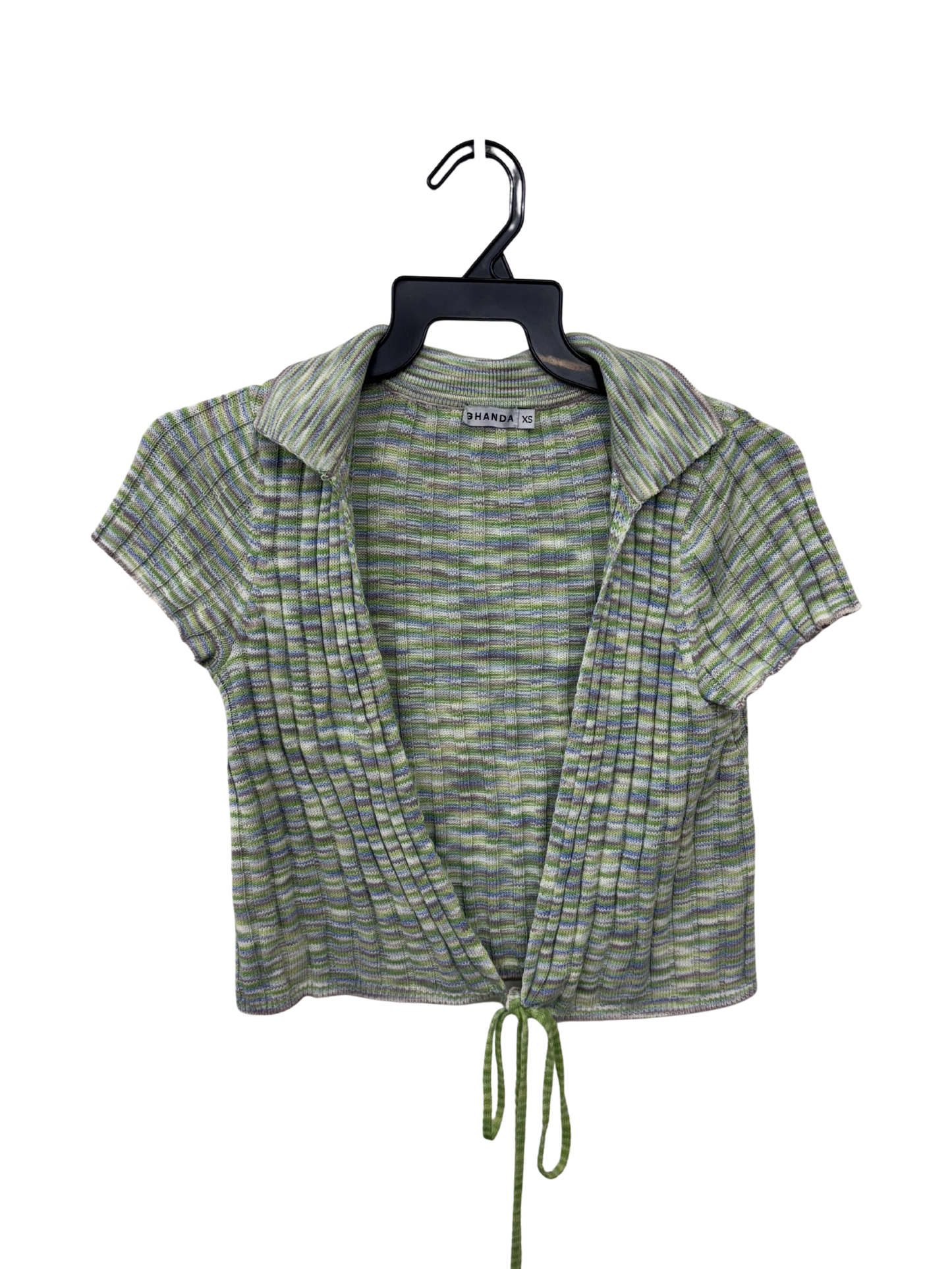 Green, Purple, White Rib Knit Short Sleeve Wrap Top