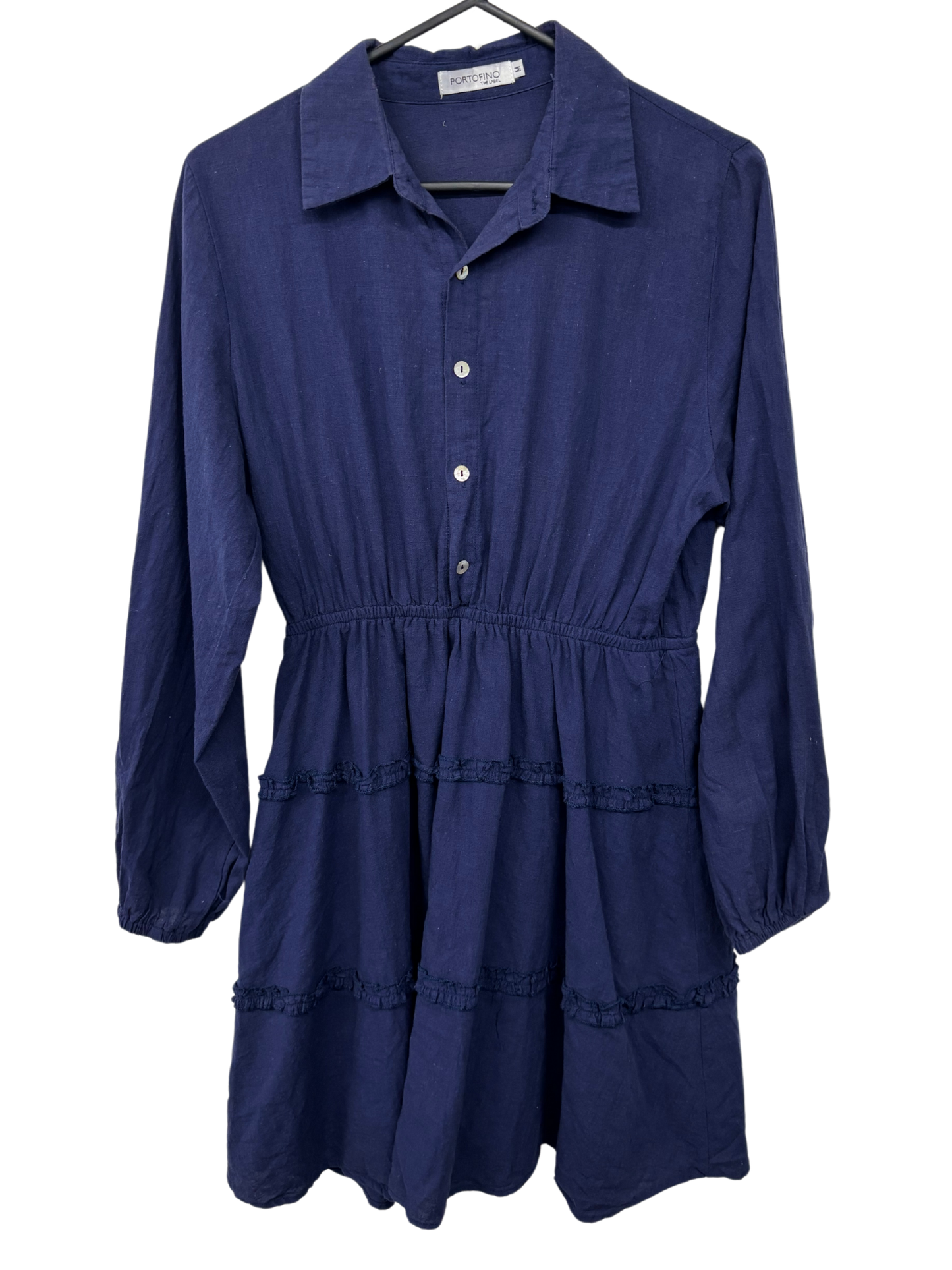Dark Blue Long Sleeve Button Ruffle Dress