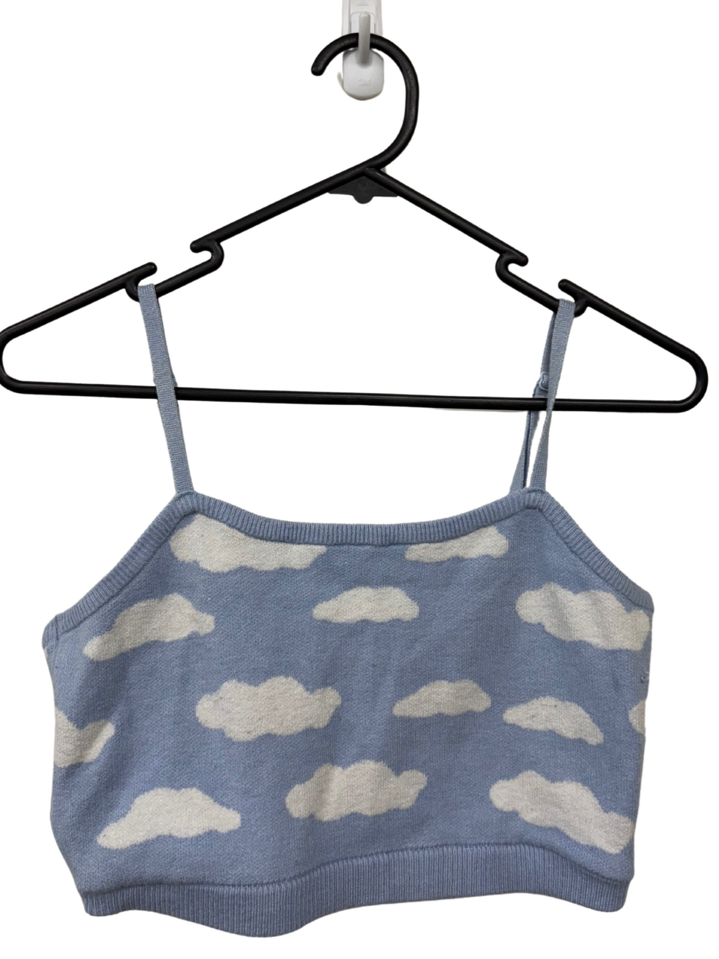 Light Blue Fuzzy Knit Thin Strap Crop Top with White Cloud Print