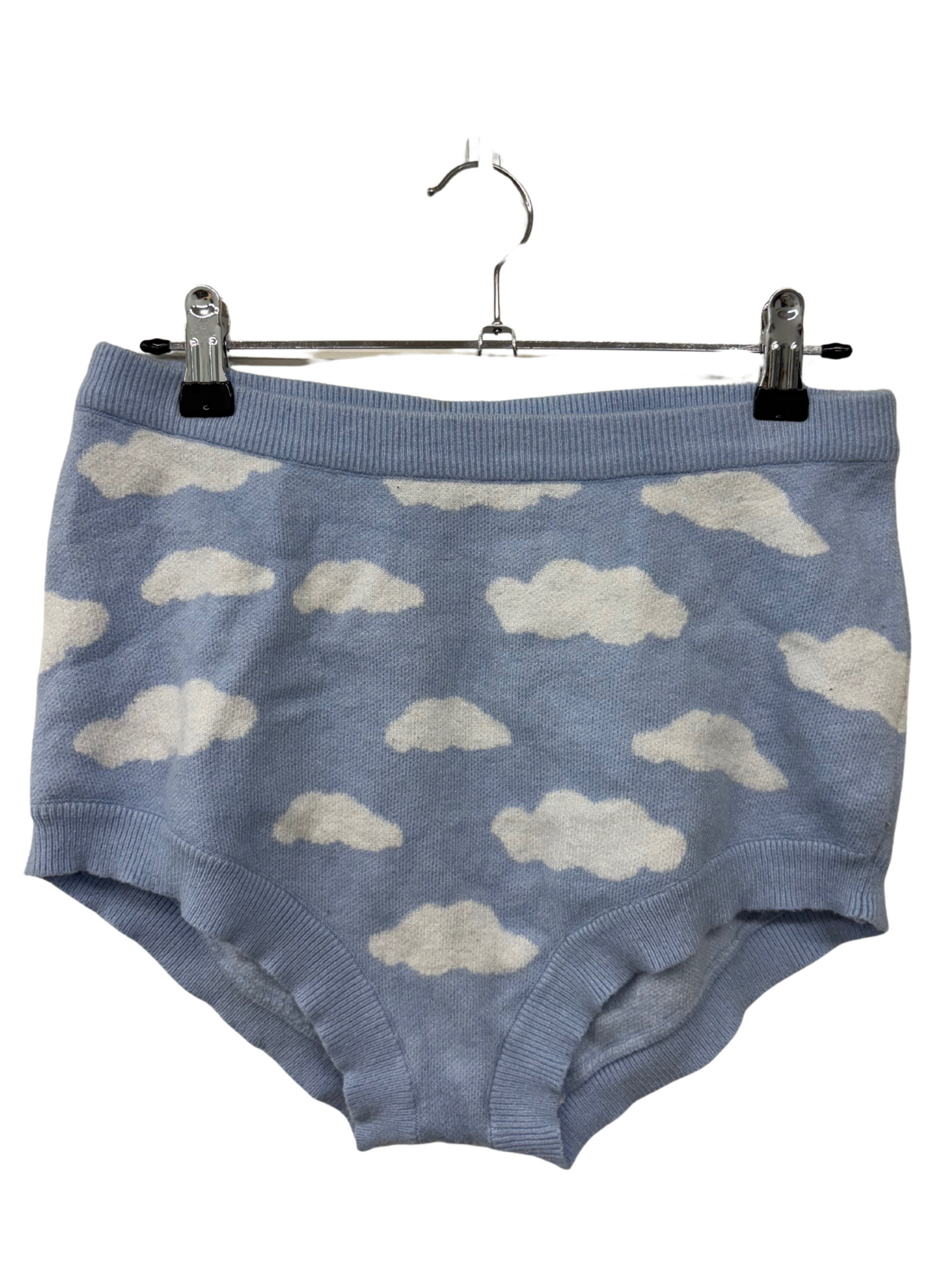 Light Blue Fuzzy Knit High Waisted Boyleg Shorts with White Cloud Print