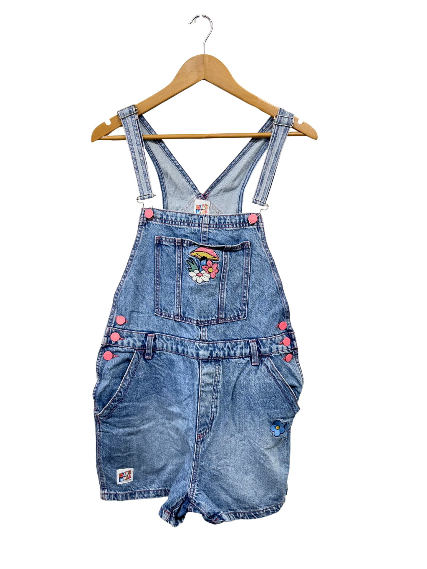Blue Denim Short Overalls with Pink Details & Floral Embriodery