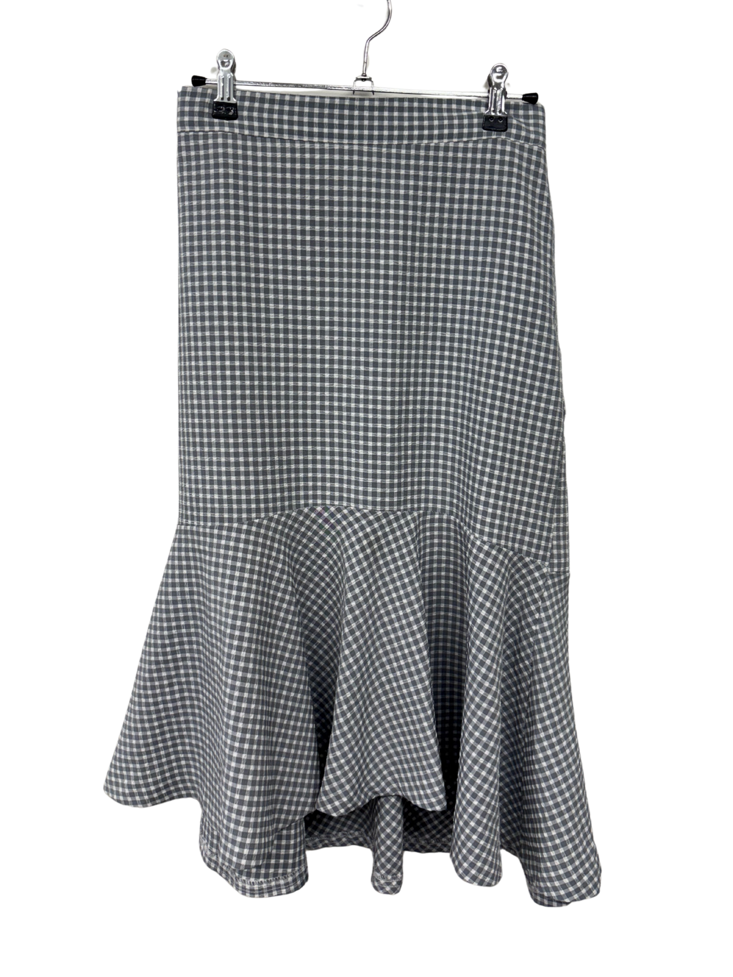 Grey & White Check Midi Skirt with Ruffle