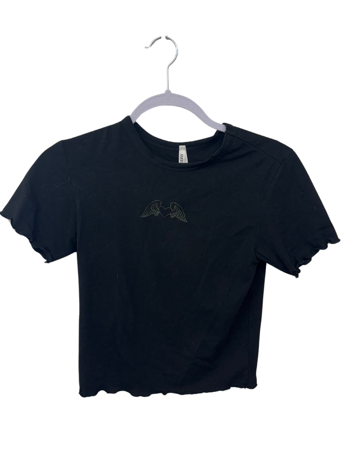 Black Short Sleeve Lettuce Hem Baby Tee with Heart Logo