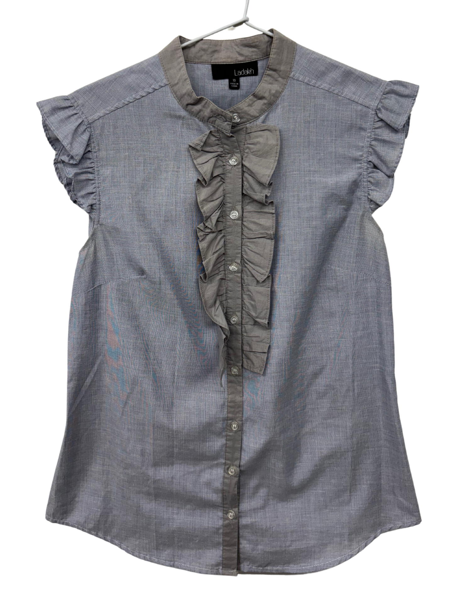 Light Blue & Grey Button Up Cap Ruffle Sleeve Top