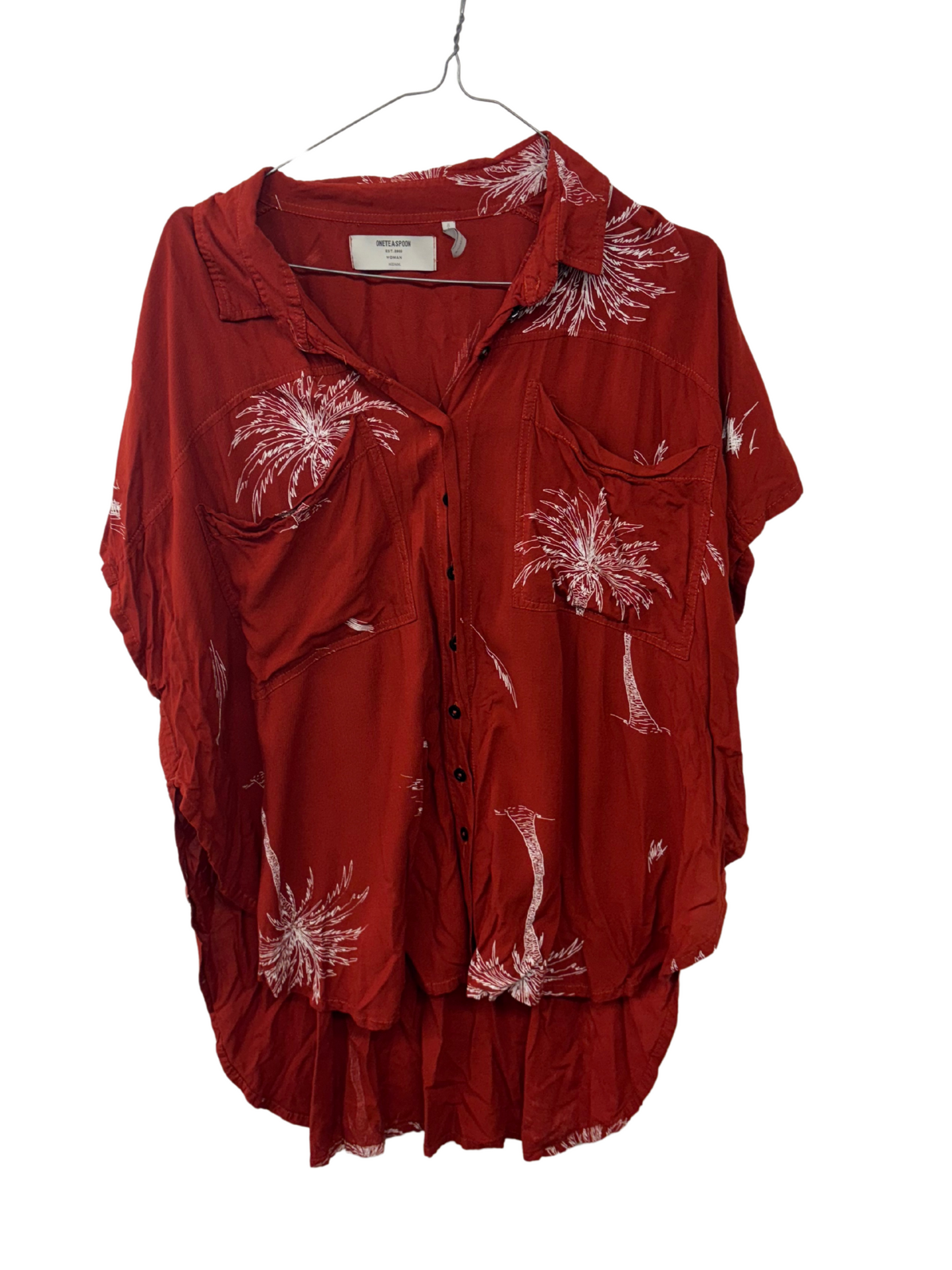 Red Short Sleeve Oversized Button Up Shirt with White Palm Tree Pattern & Cutout Back & Side Splits
