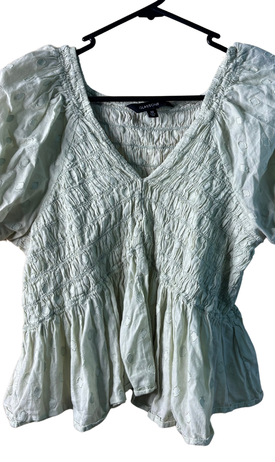 Light Green/Sage Short Puffy Sleeve Dot Top