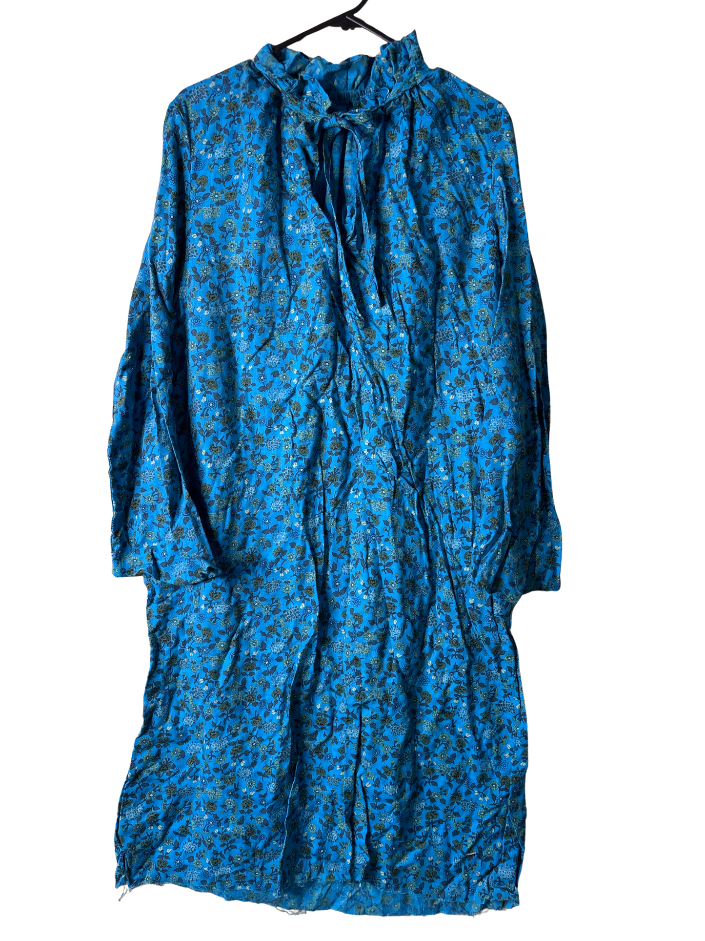 Vintage Blue, Green, Black Floral Long Sleeve Tie Neck Midi Dress