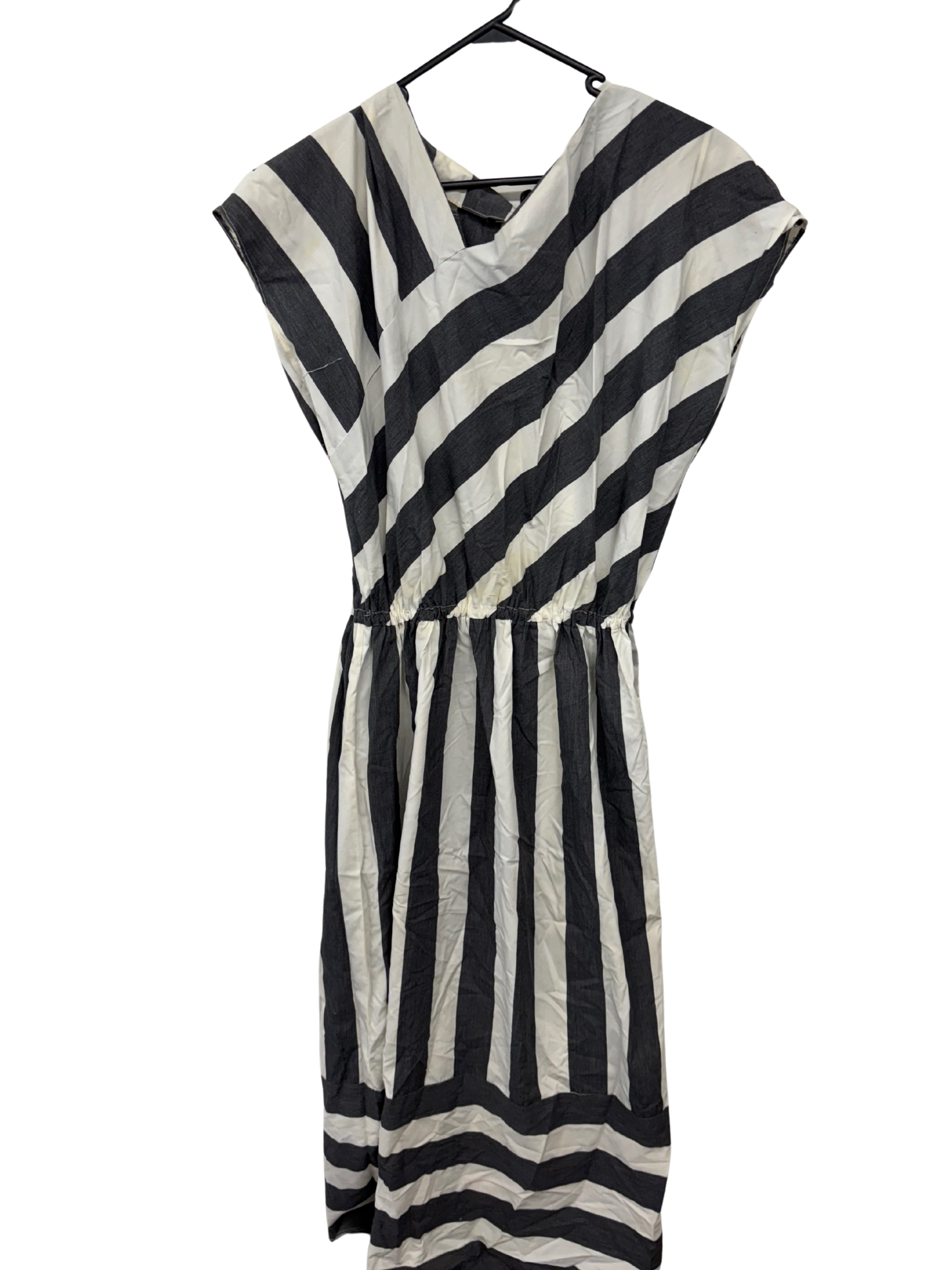 Vintage Cream & Dark Grey Diagonal Stripe Midi Dress