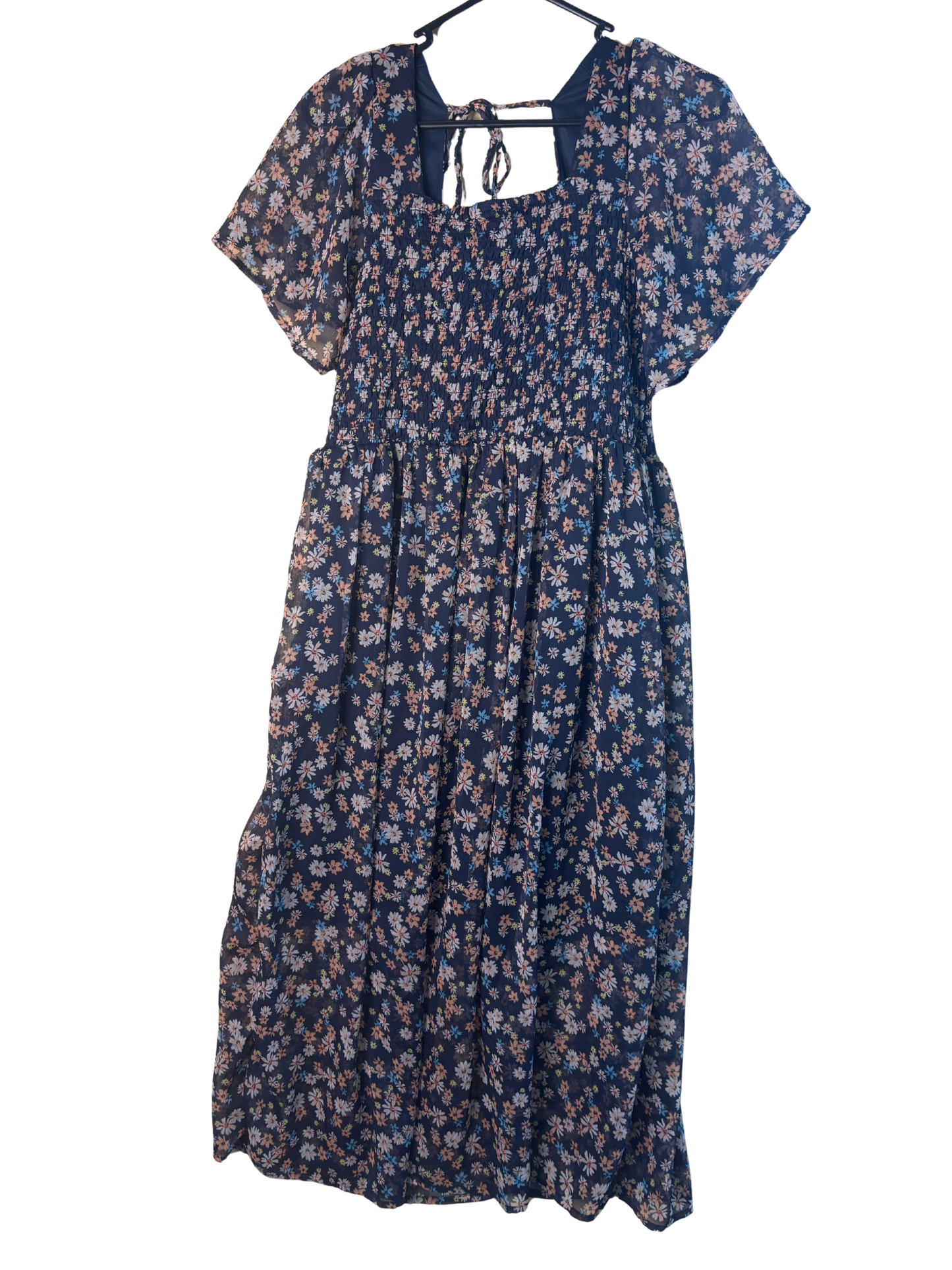 Navy & Orange Floral Print Short Sleeve Midi Dress