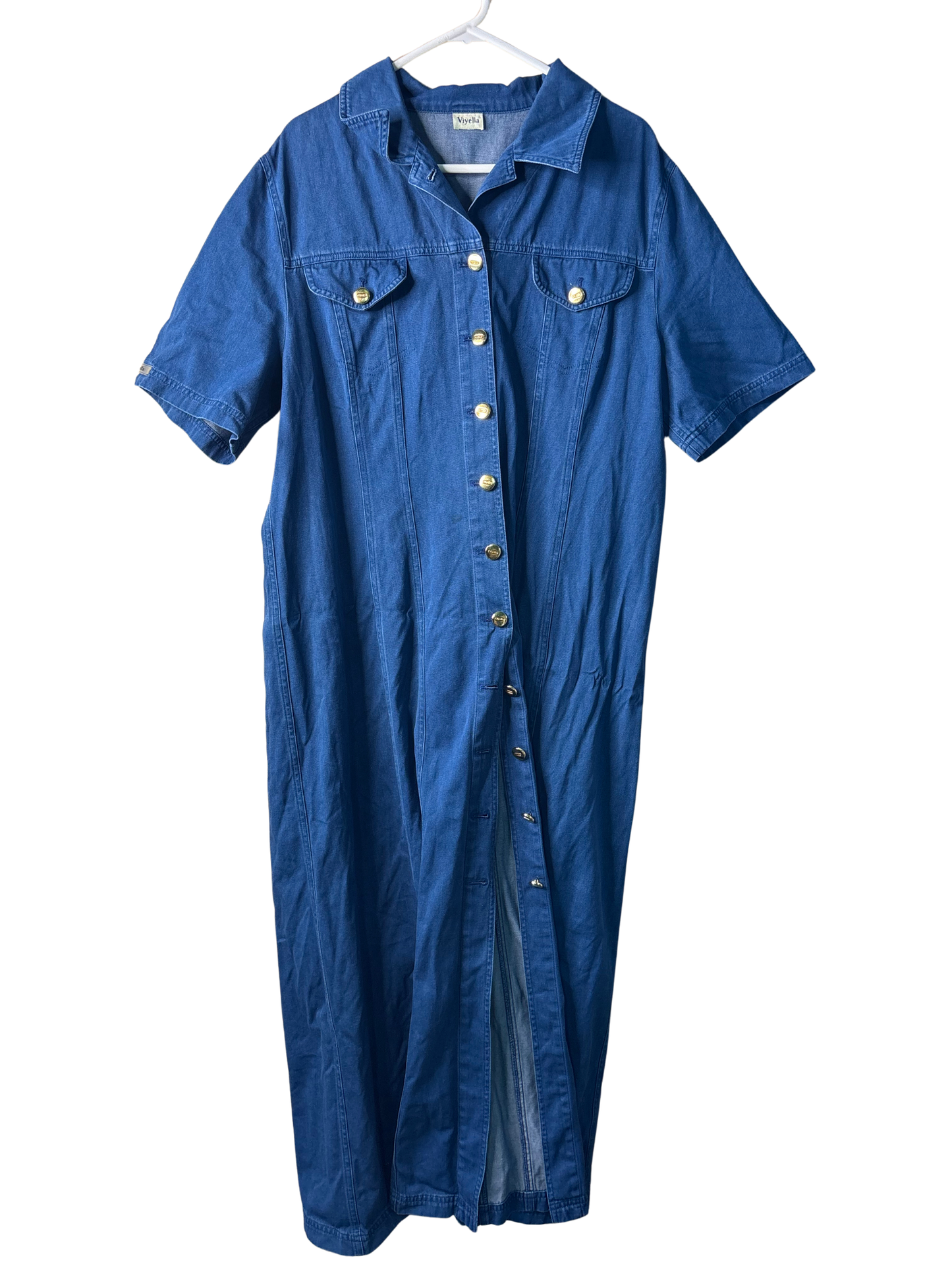 Vintage Dark Blue Denim Short Sleeve Button Up Maxi Dress