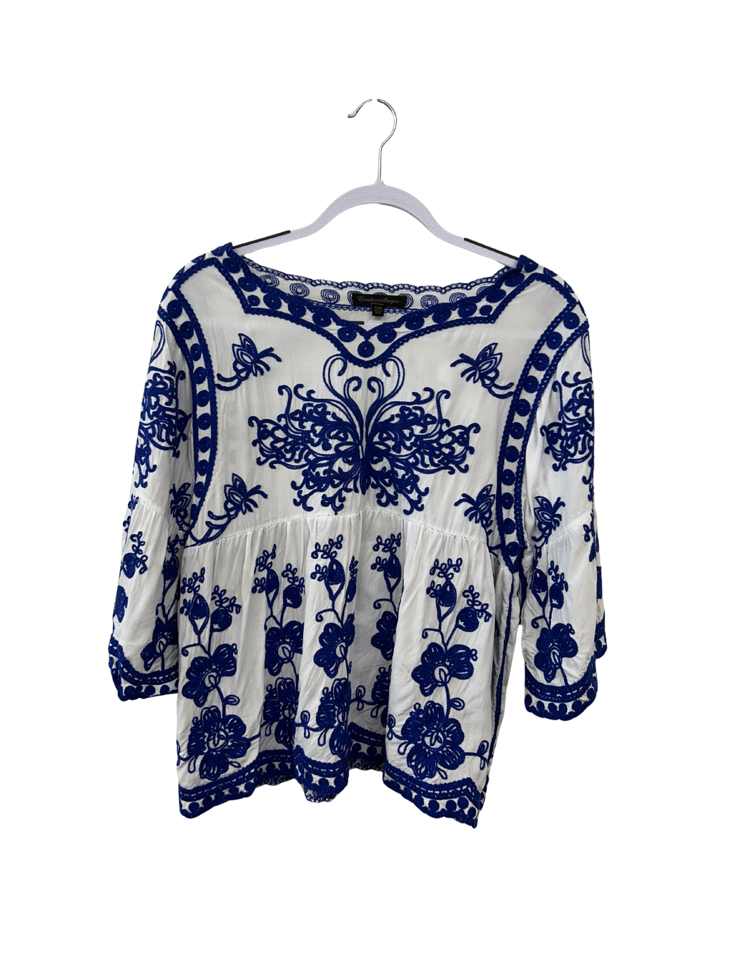 White & Blue Embroidered Half Sleeve Babydoll Top