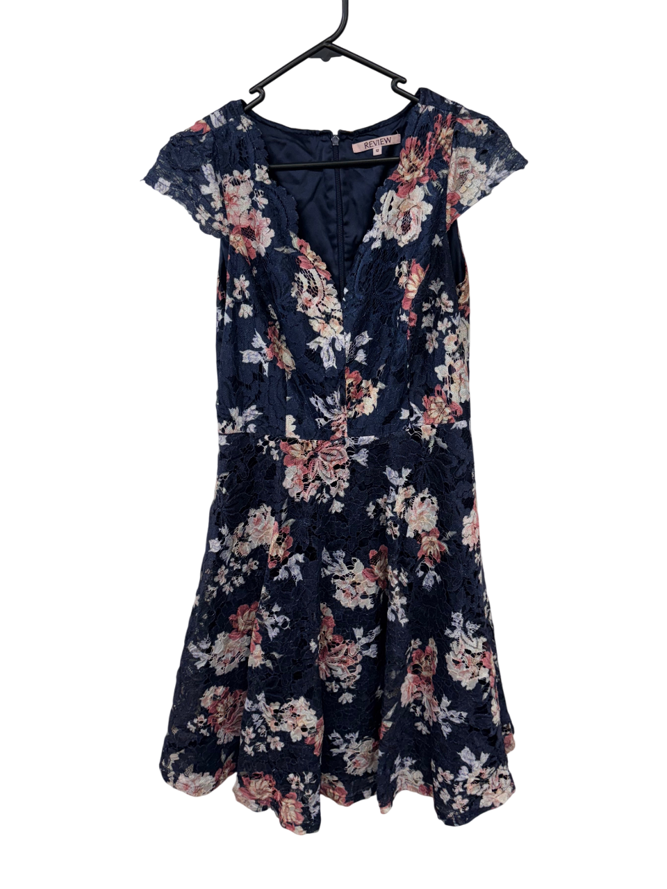 Blue & Pink Lace Rose Print Cap Sleeve Knee Length Dress