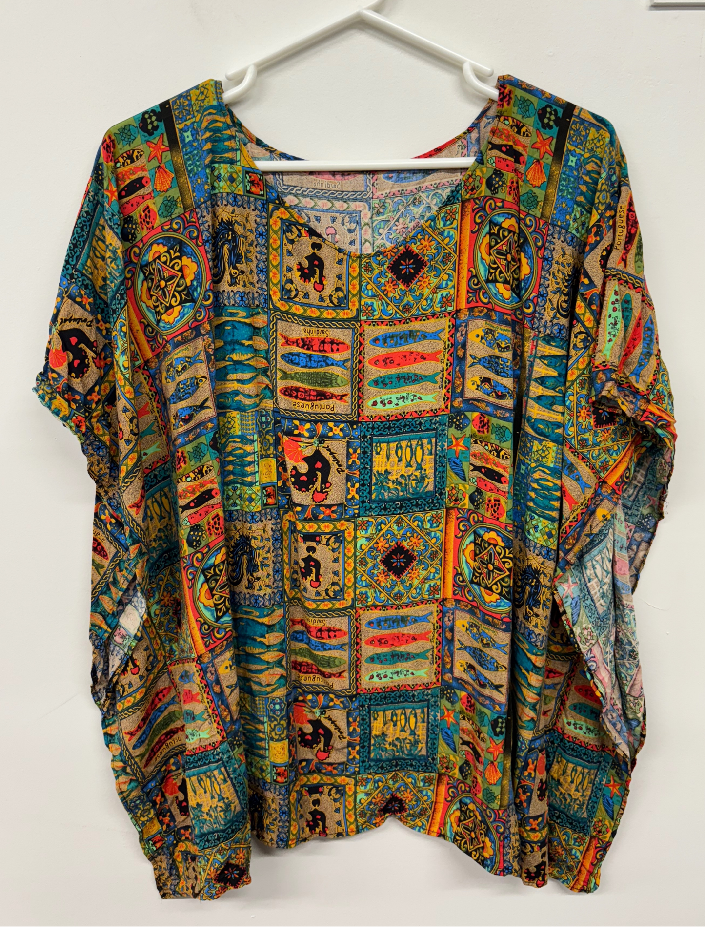 Yellow, Blue, Green Fish/Bird Print Top