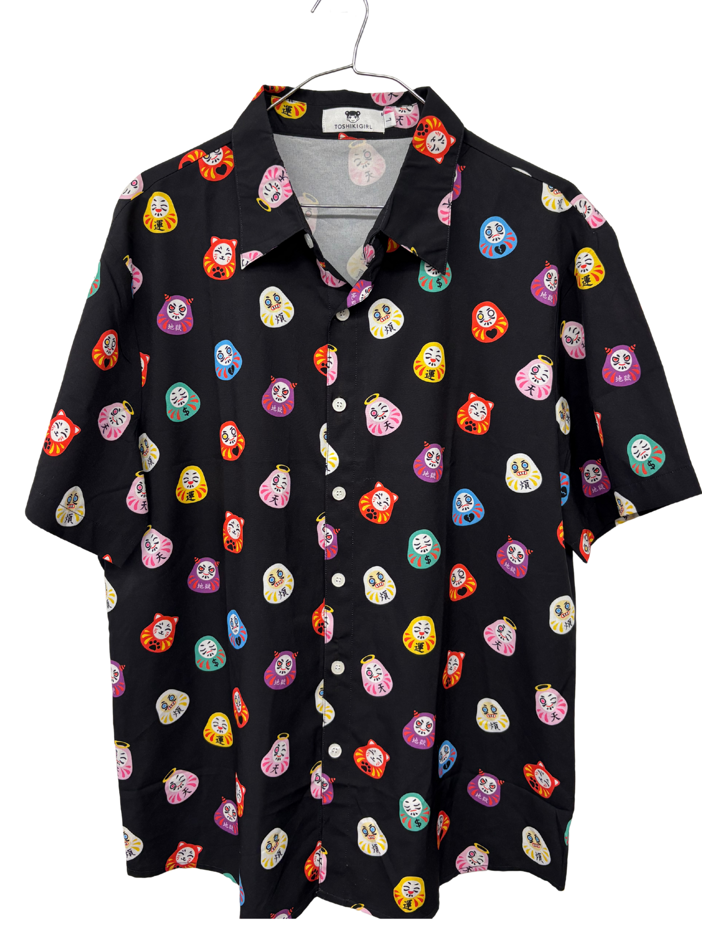Black Short Sleeve Button Up Shirt with Multicolour Print