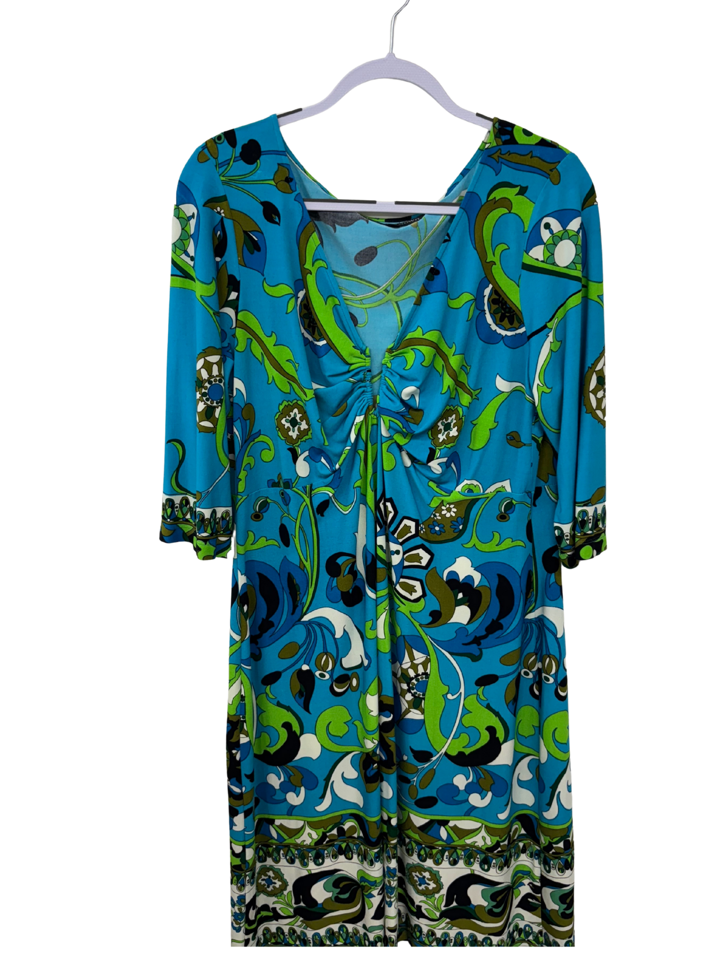 Vintage Blue, Green, White Floral Pattern 1/2 Sleeve Knee Length Dress