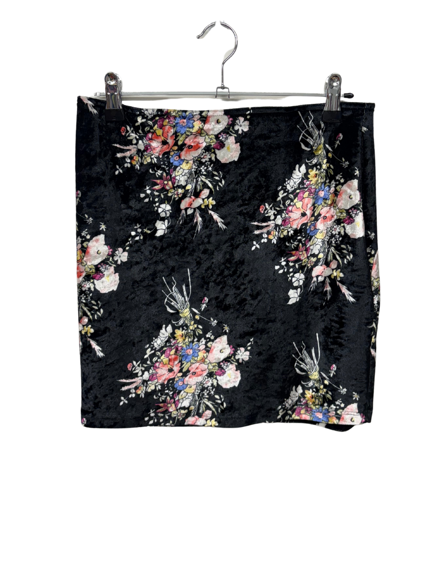 Black, Pink, Blue Floral Print Fitted Velvet Short Skirt