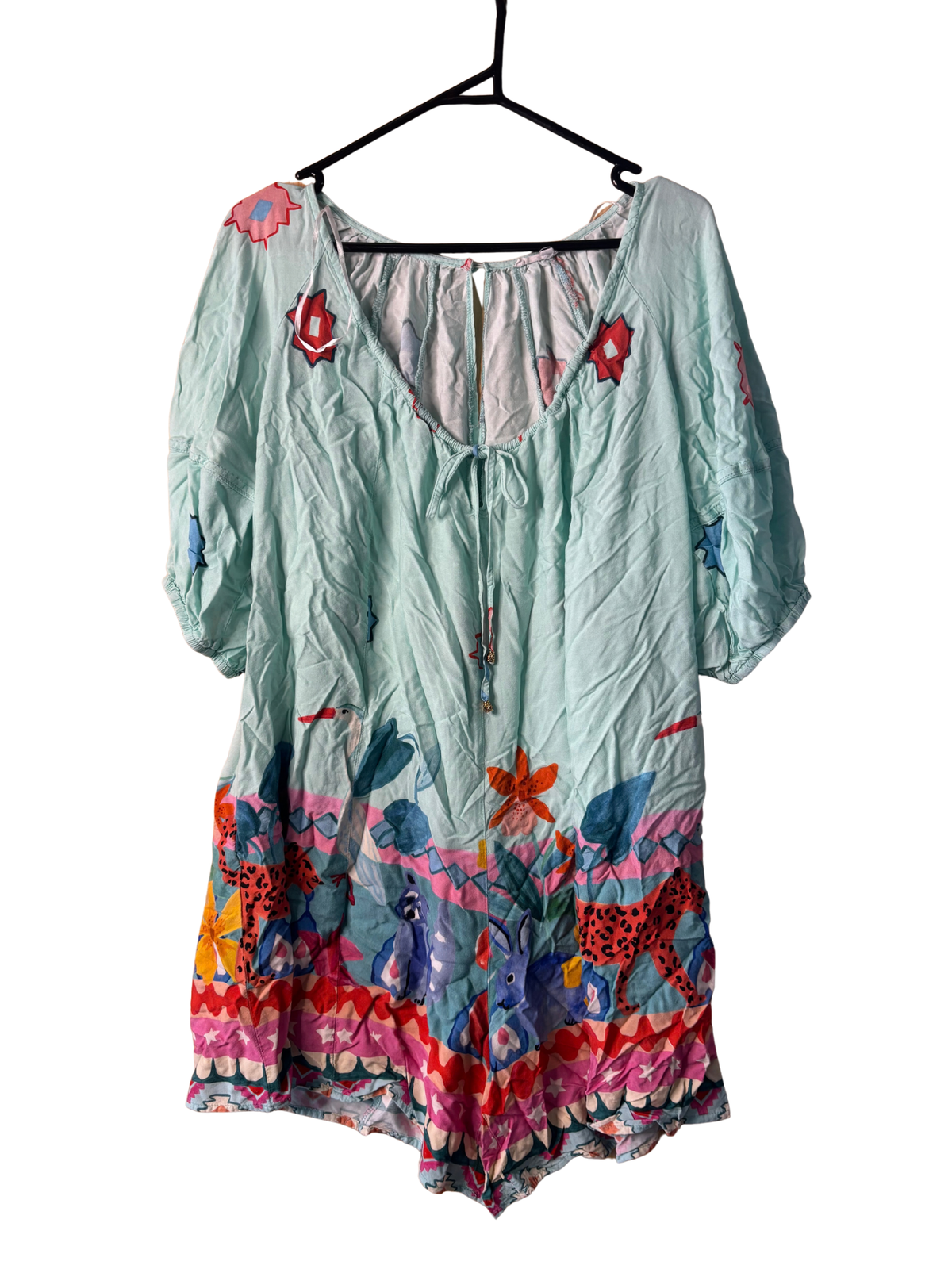Aqua Short Sleeve Puffy Short Playsuit with Multicolour Animal Print