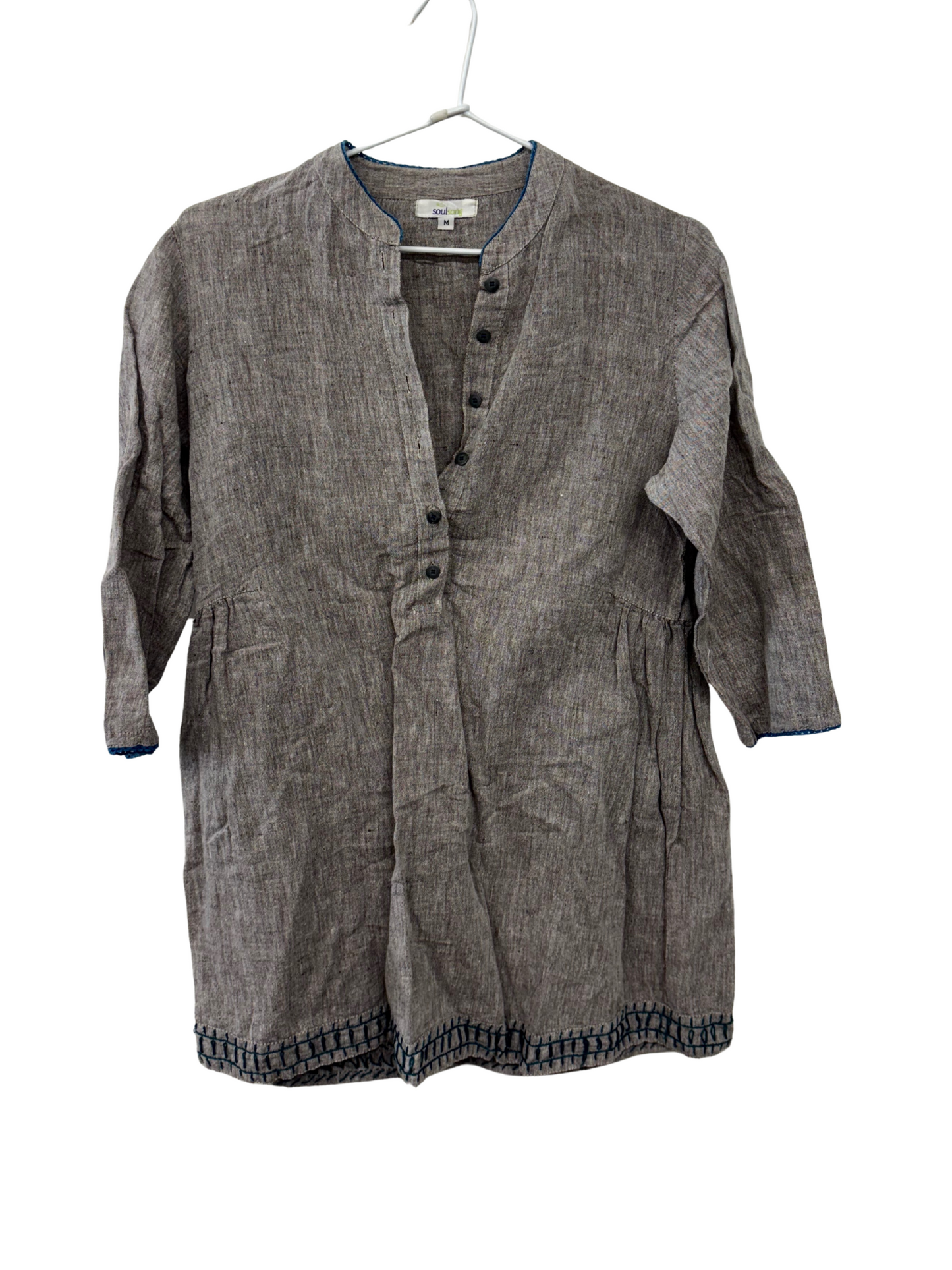 Brown/Grey 3/4 Sleeve Top with Blue Trim
