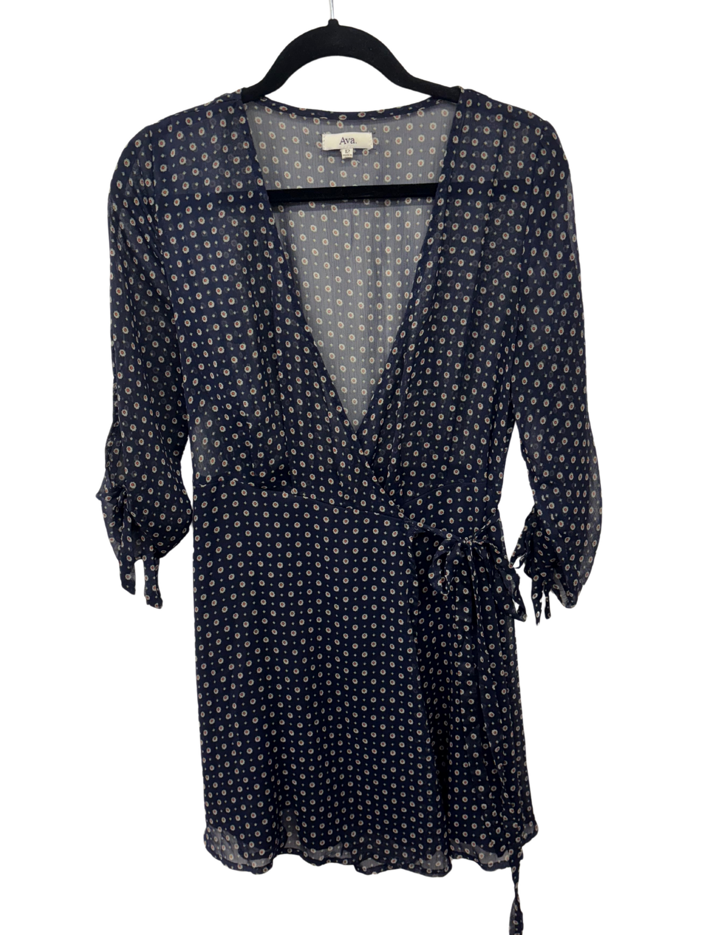 Dark Blue, Red & Cream Print Sheer Long Sleeve Wrap Dress