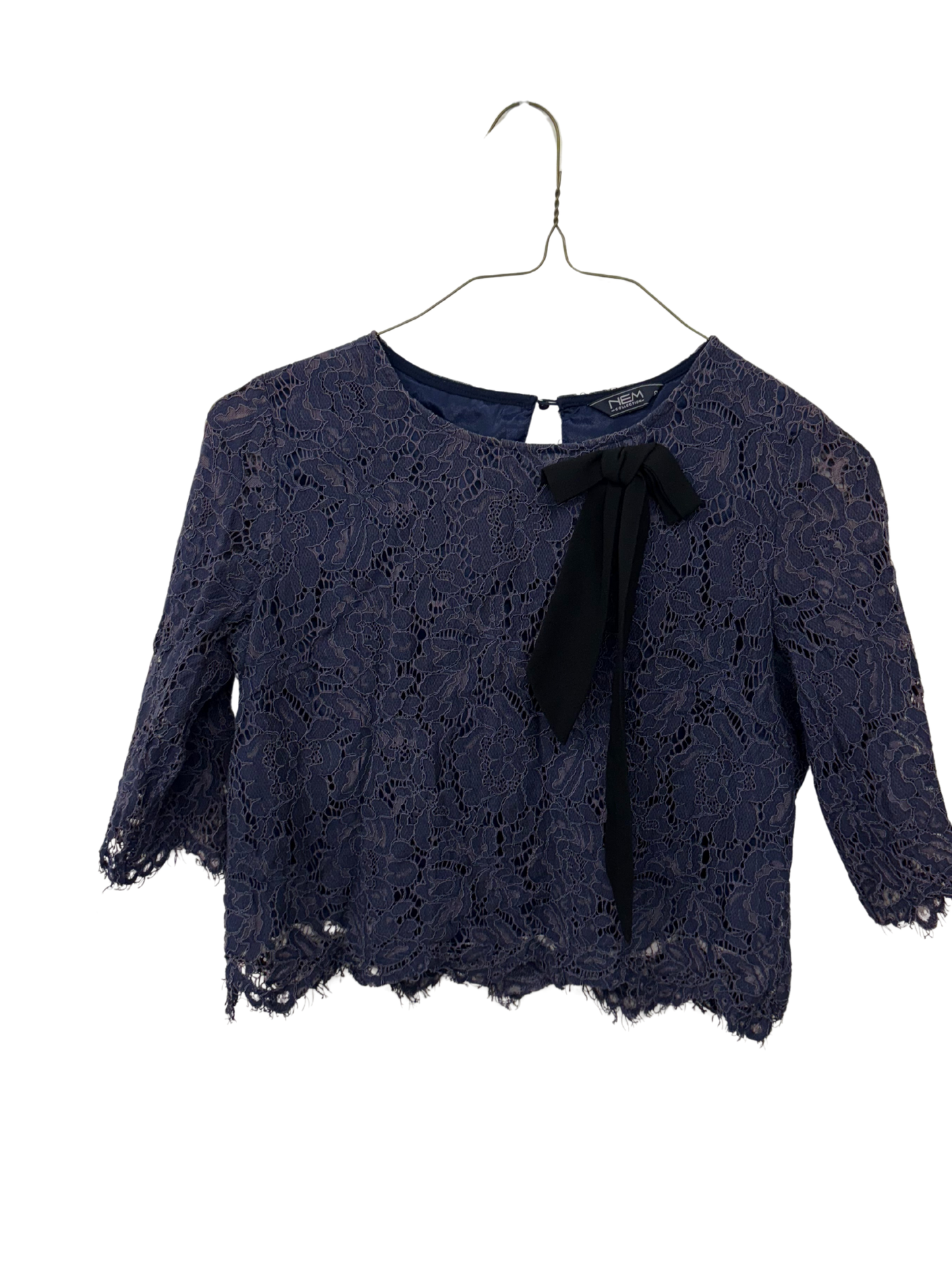 Dark Blue Half Sleeve Lace Top with Black Bow
