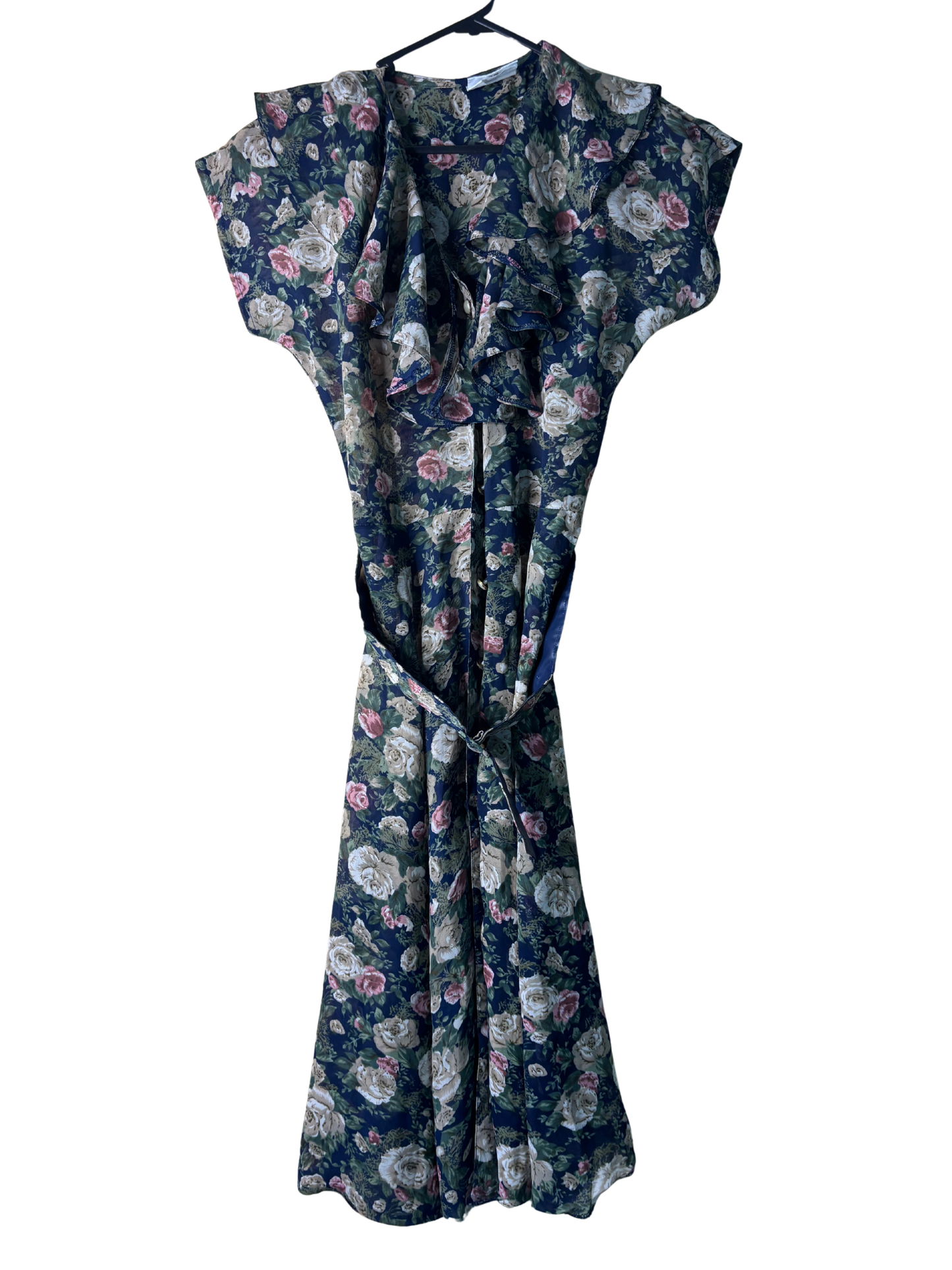 Vintage Dark Blue, Pink, Beige Floral Short Sleeve Button Up Dress with Belt