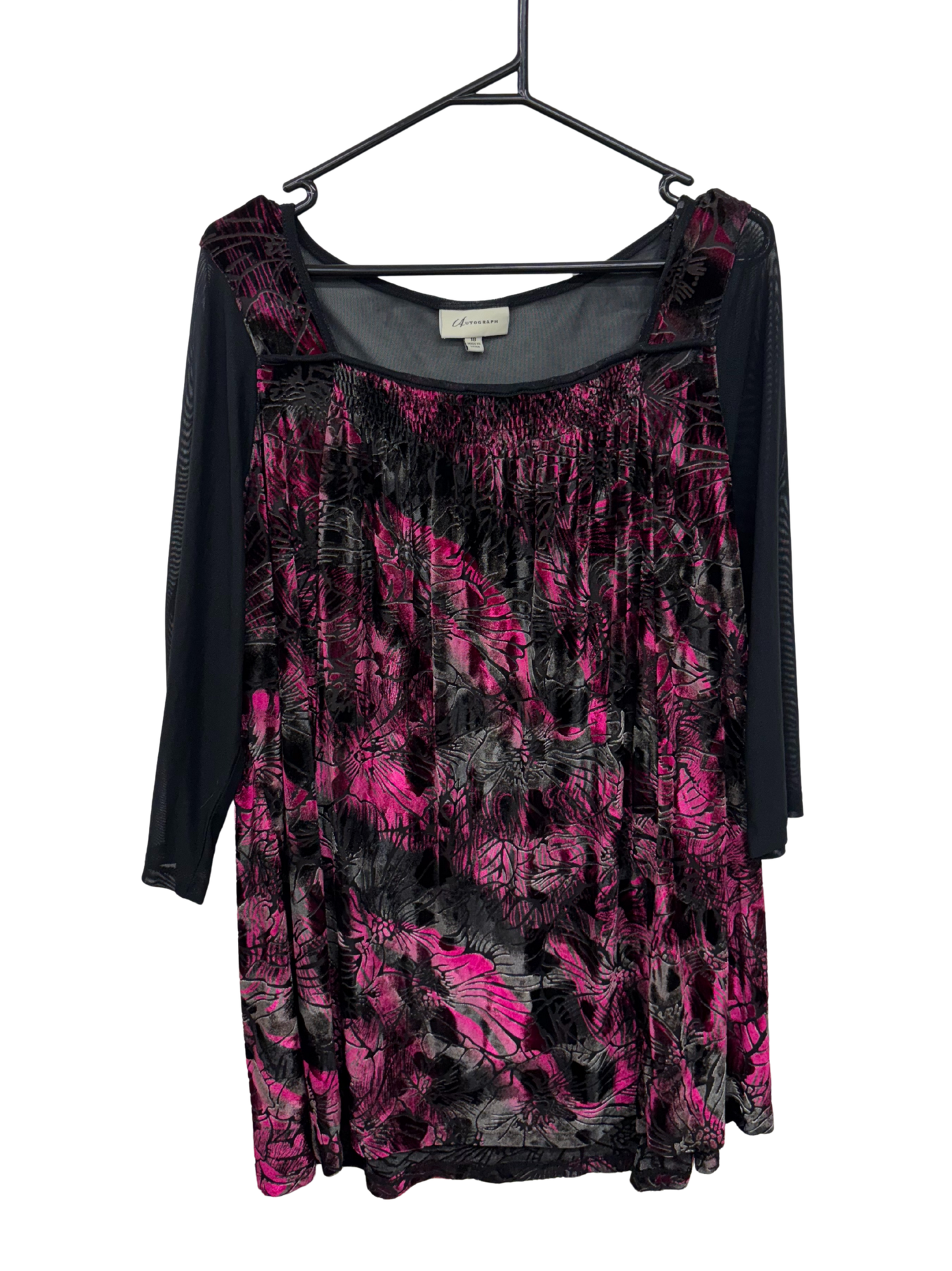 Pink & Black Velvet Floral Print Long Sleeve Top