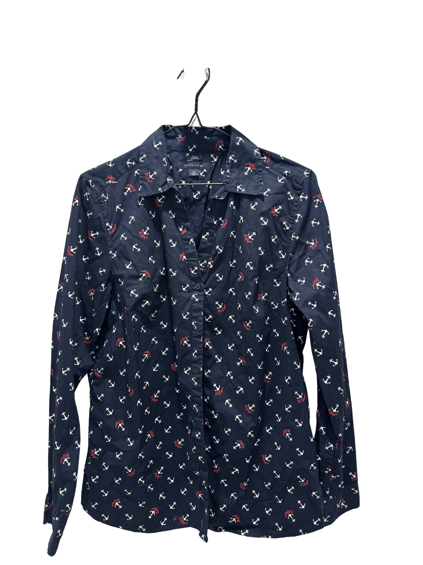 Dark Blue, White & Red Anchor Print Long Sleeve Fitted Style Button Up Shirt