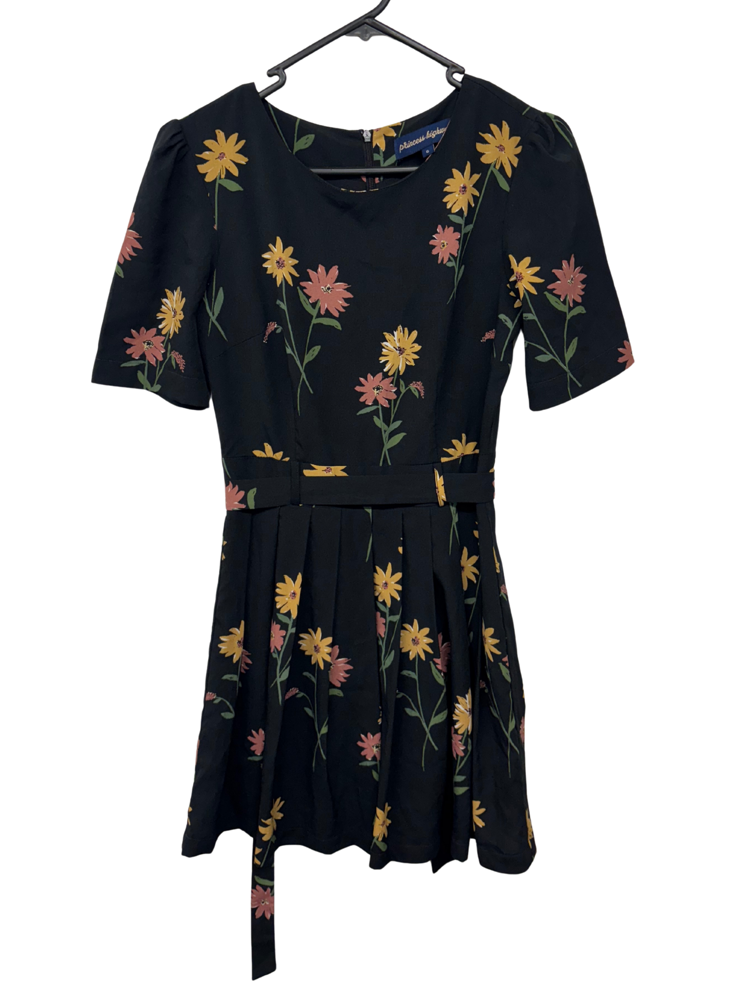 Black, Red, Yellow, Green Short Sleeve Dress with Belt