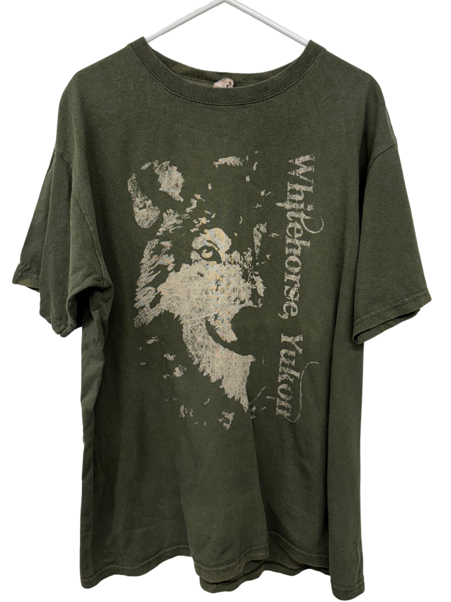 Vintage Dark Green Short Sleeve T Shirt with Yukon Wolf Logo