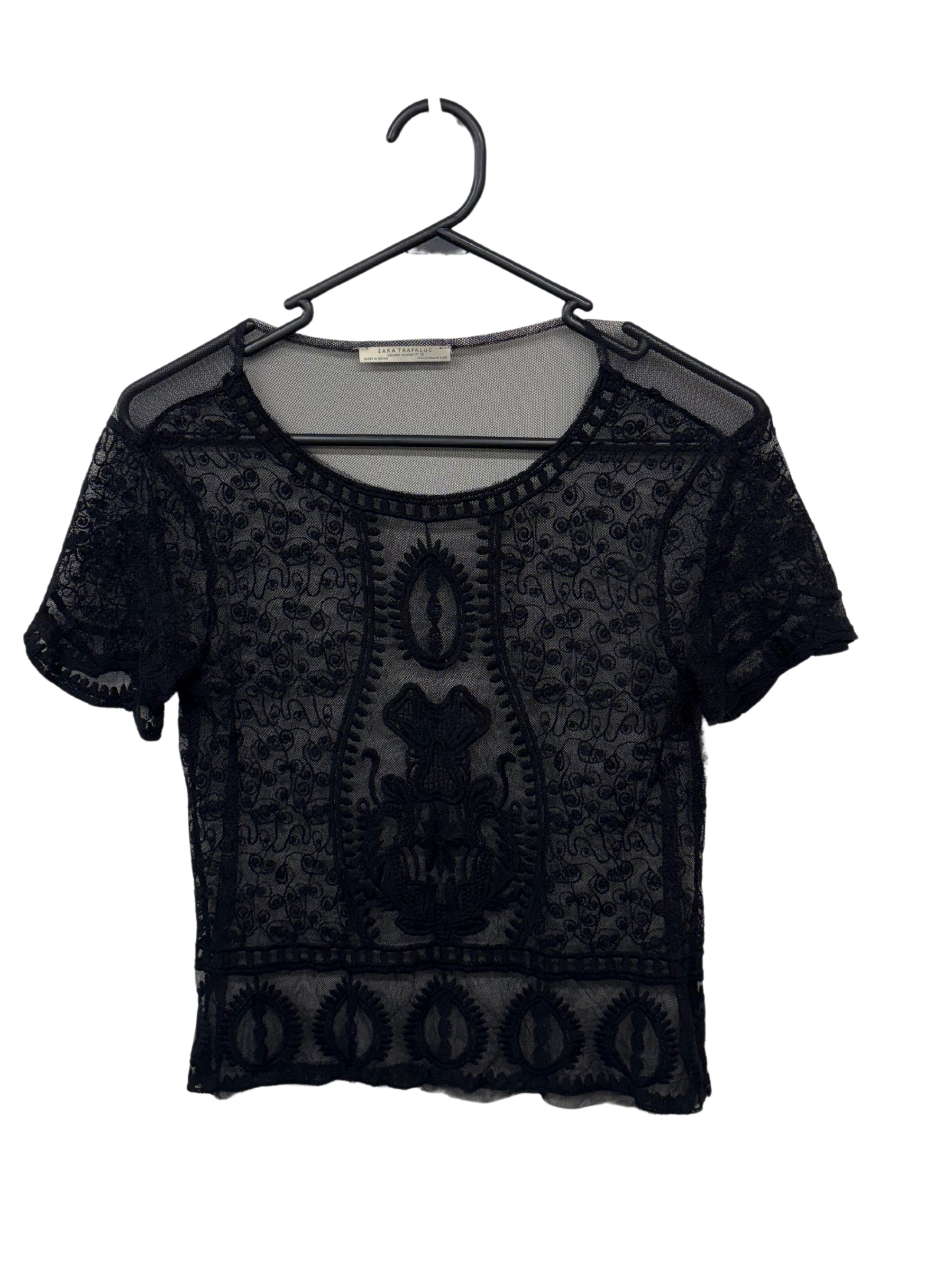 Black Sheer Mesh Short Sleeve Embroidered Top