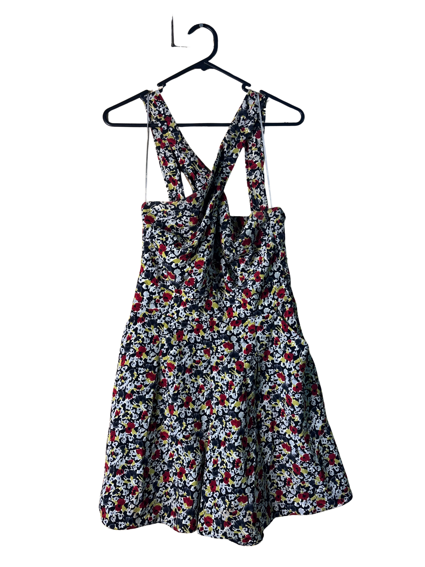 Grey, Black, Blue, Red Floral Pattern Cross Halter Playsuit