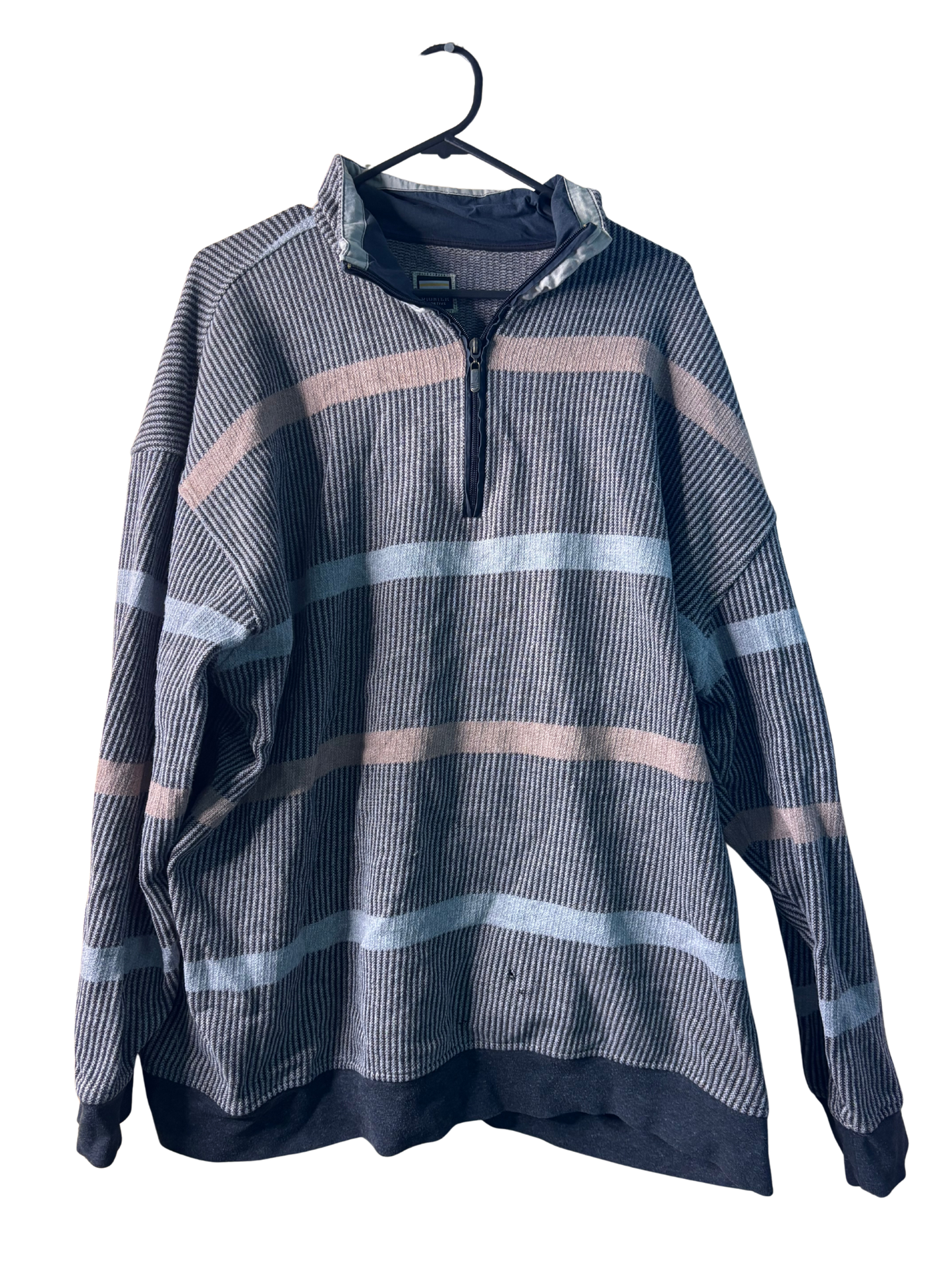 Vintage Blue, Black, Pink Stripe Knit Quarter Zip Sweater