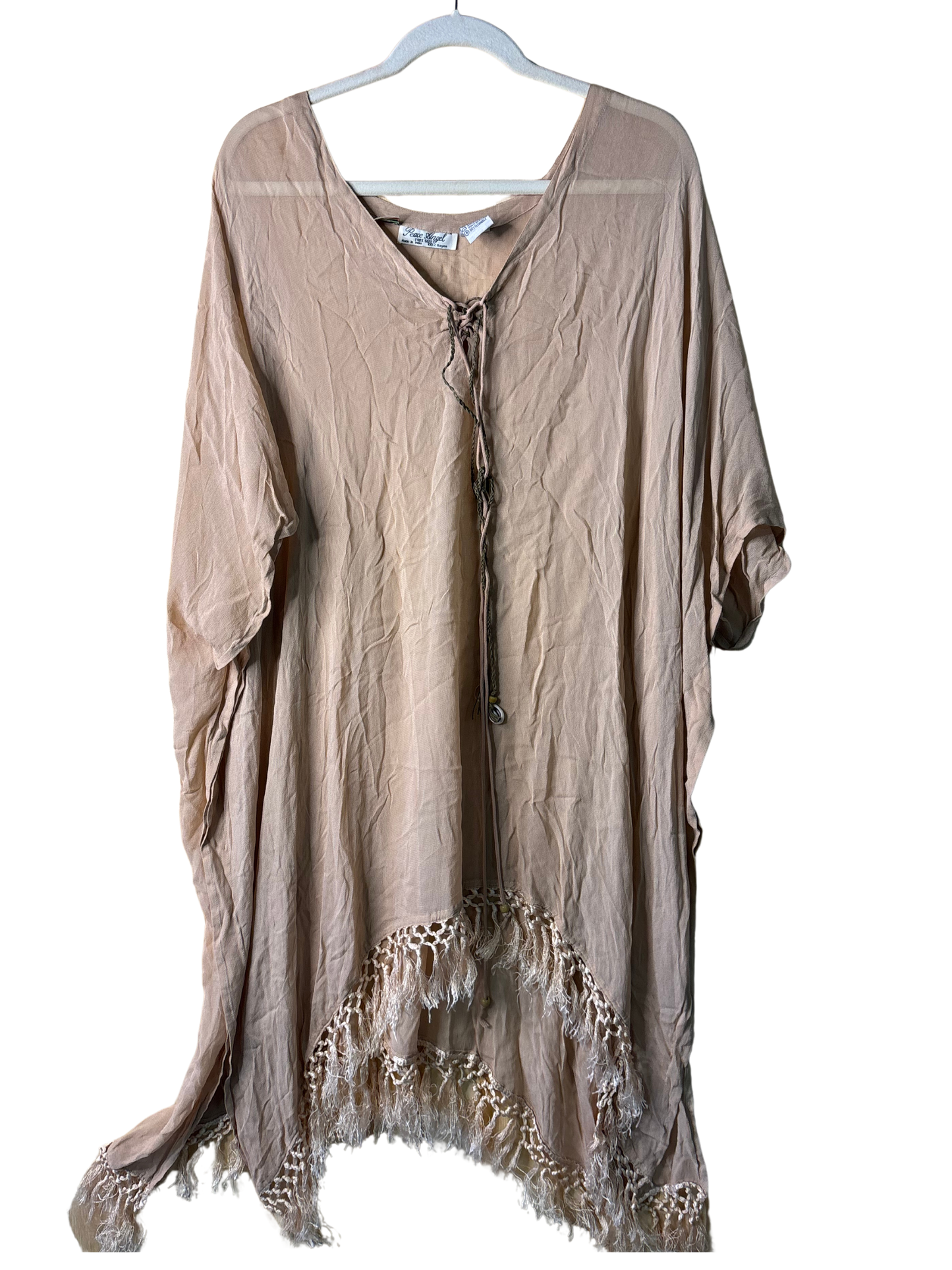 Nude/Beige Sheer Caftan with Fringing