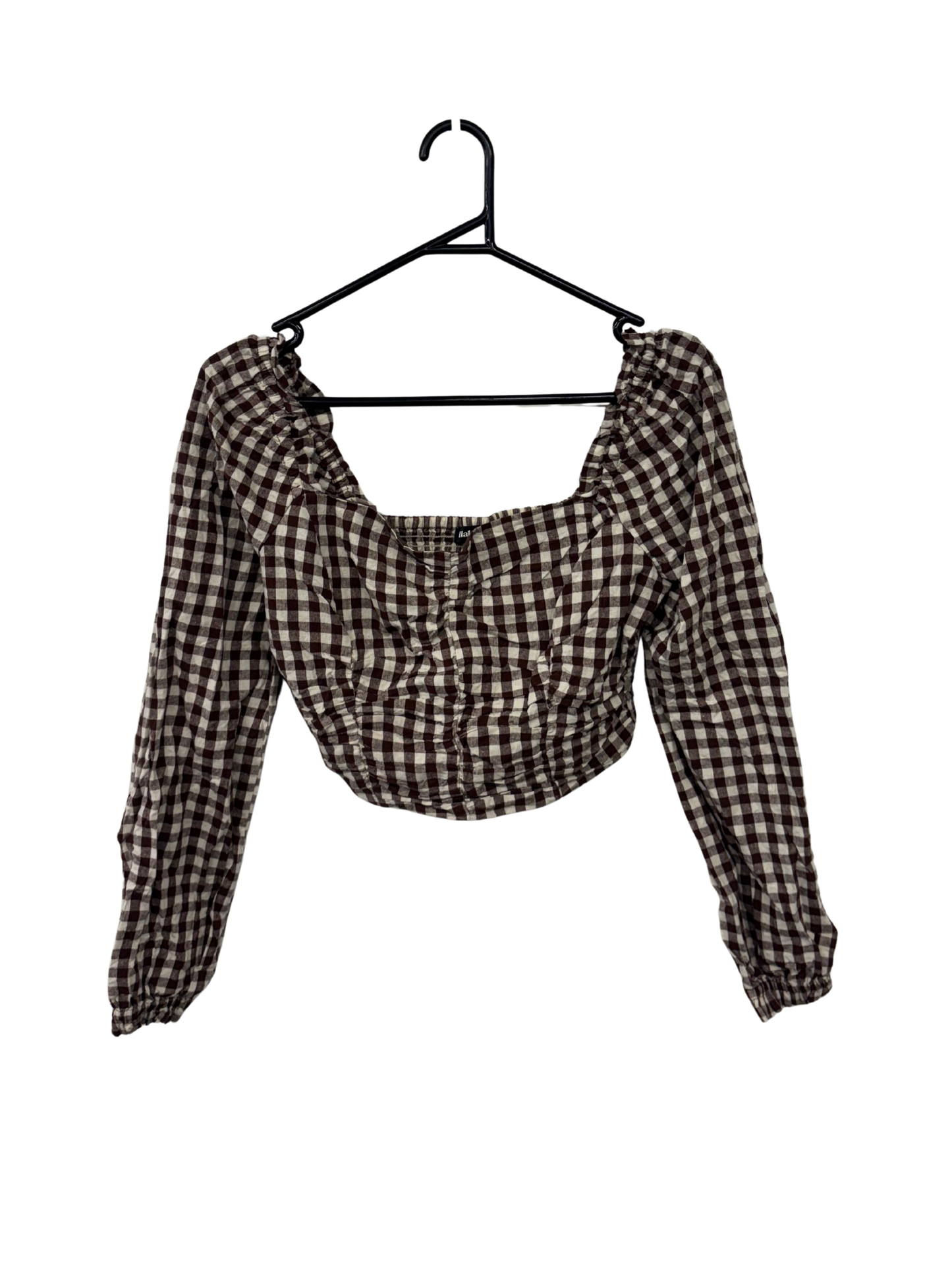 Cream & Brown Check Logn Sleeve Crop Top