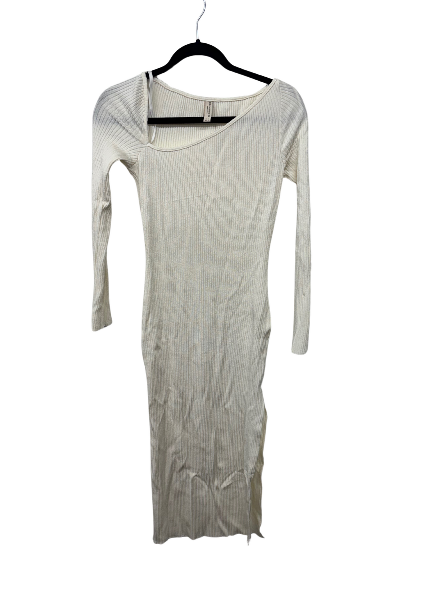 Cream Long Sleeve Rib Knit Midi Dress with Split & Asymmetrical Neckline